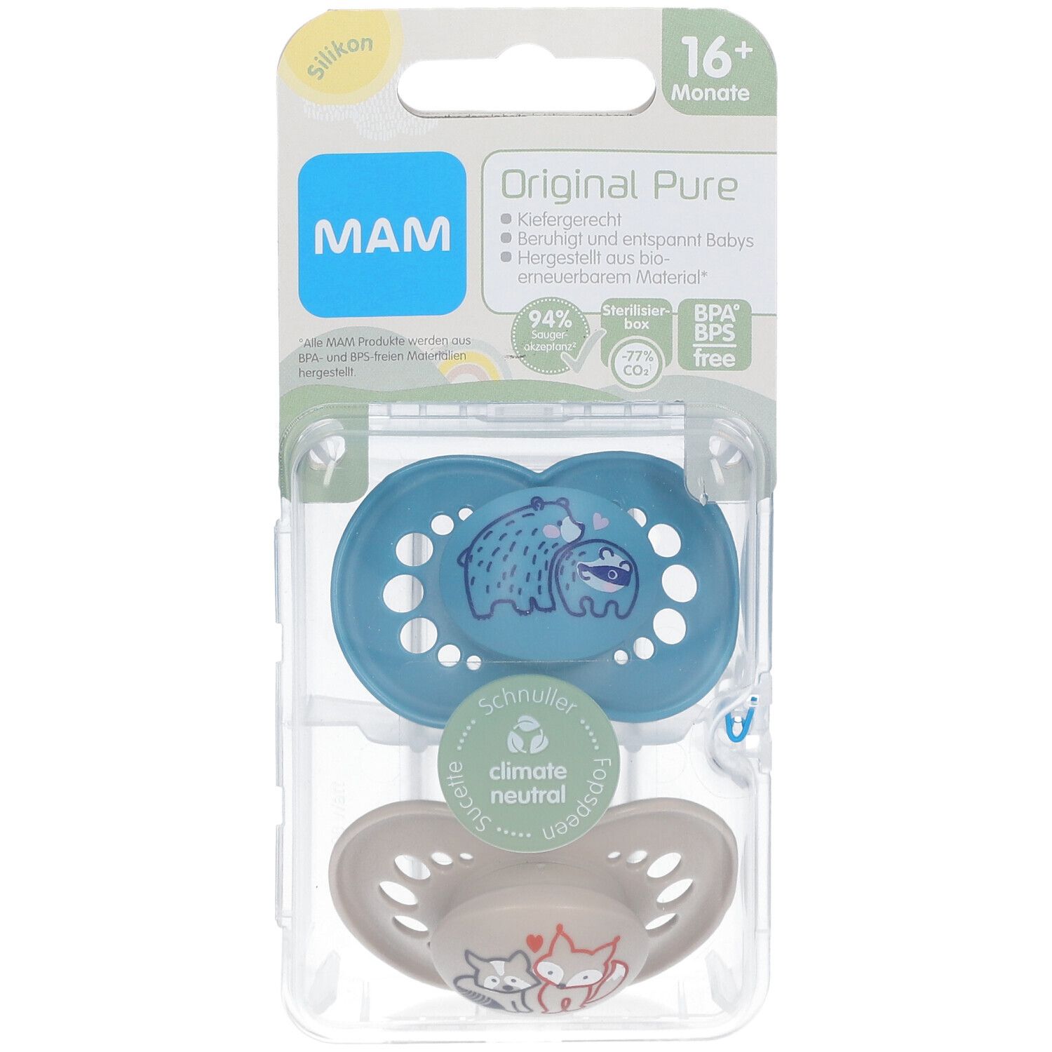 MAM Original Pure Tétines en silicone à motif Bleu-écru 16 mois et +