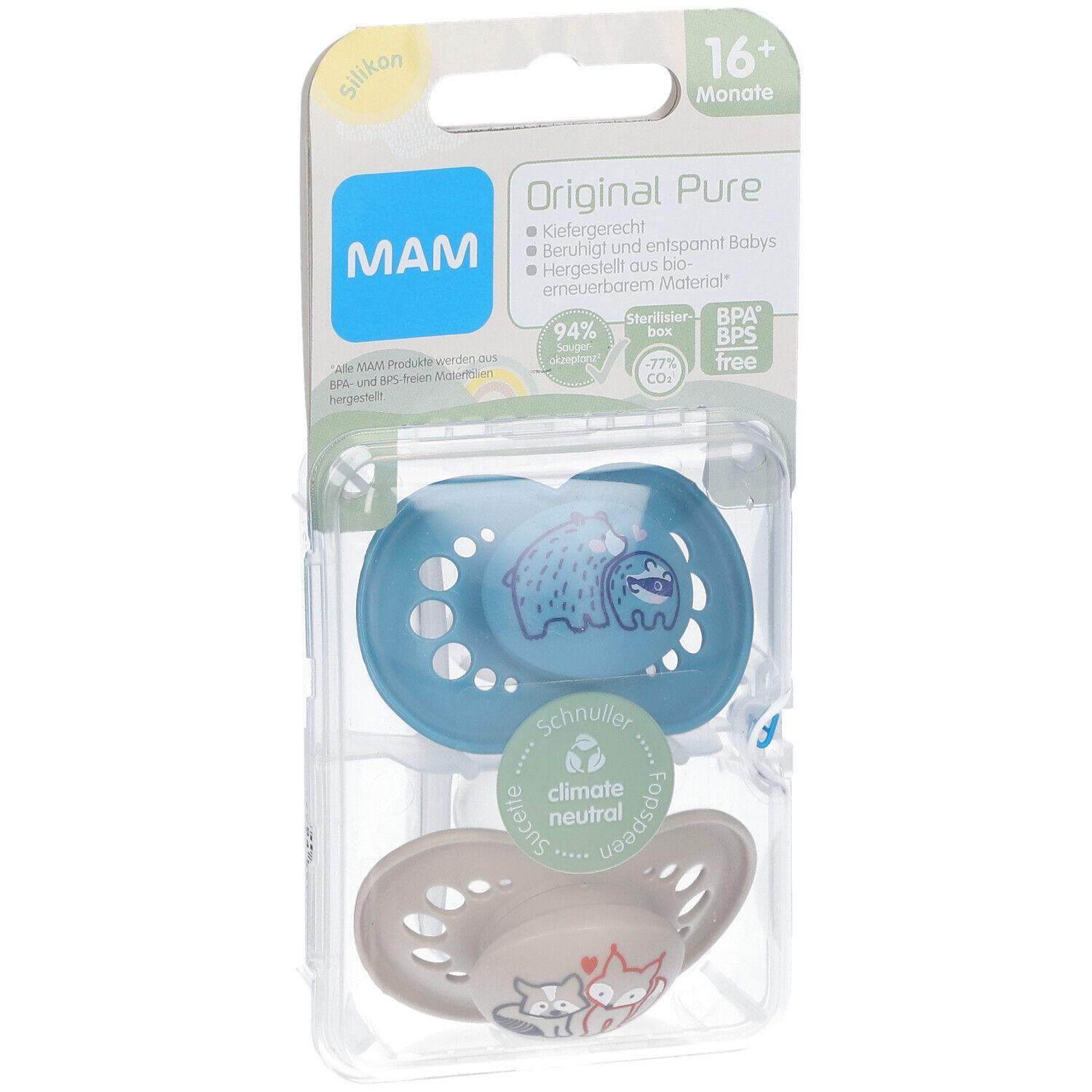 MAM Original Pure Tétines en silicone à motif Bleu-écru 16 mois et +