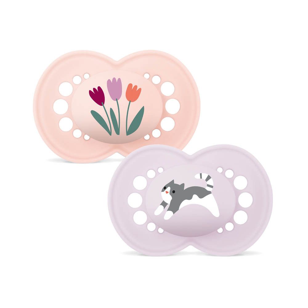 Deux sucettes MAM Original Pure en silicone, 16+ mois, rose avec fleurs et lilas avec chat, en emballage commercial.