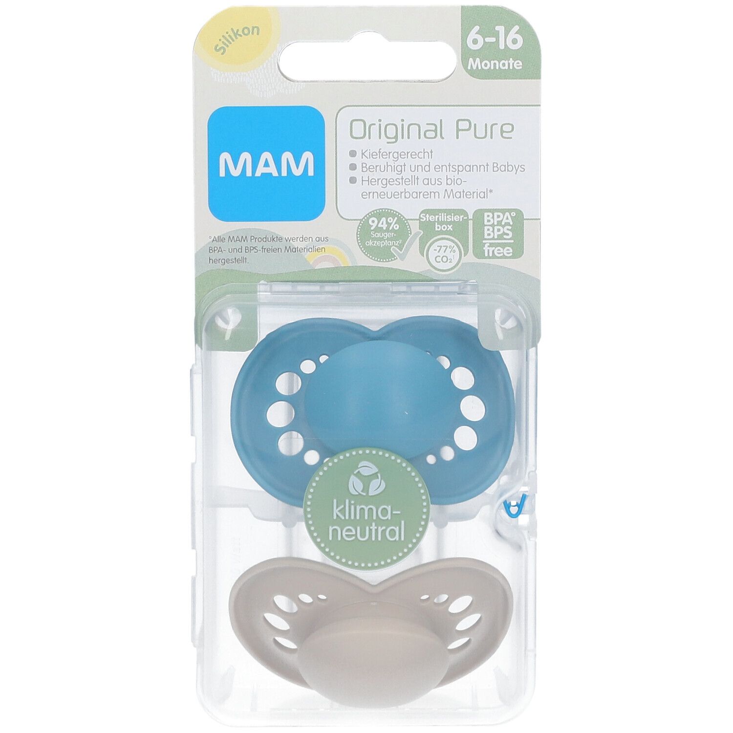 MAM Original Pure Tétines en silicone Bleu-écru 6-16 mois