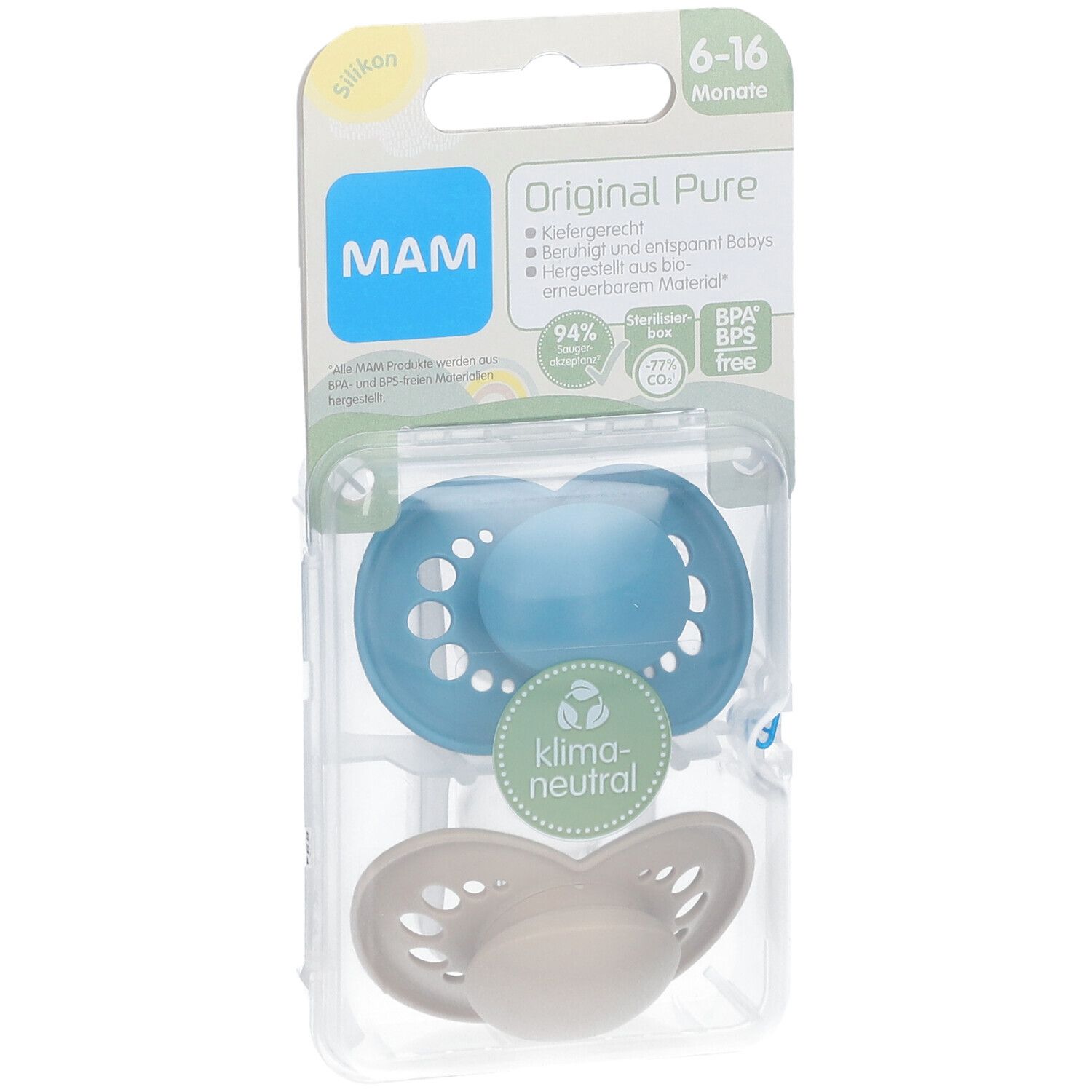 MAM Original Pure Tétines en silicone Bleu-écru 6-16 mois