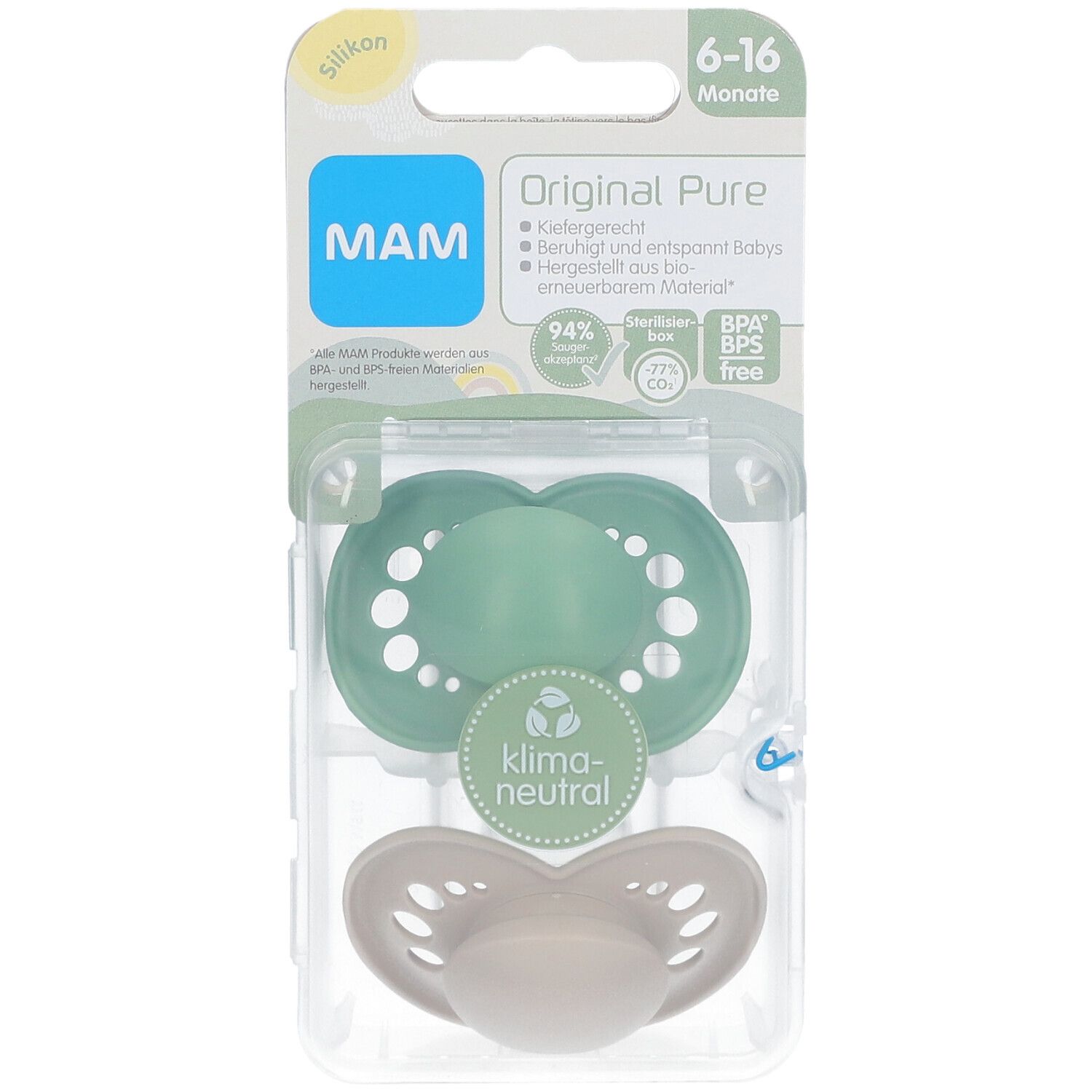 MAM Original Pure Tétines en silicone Vert-écru 6-16 mois