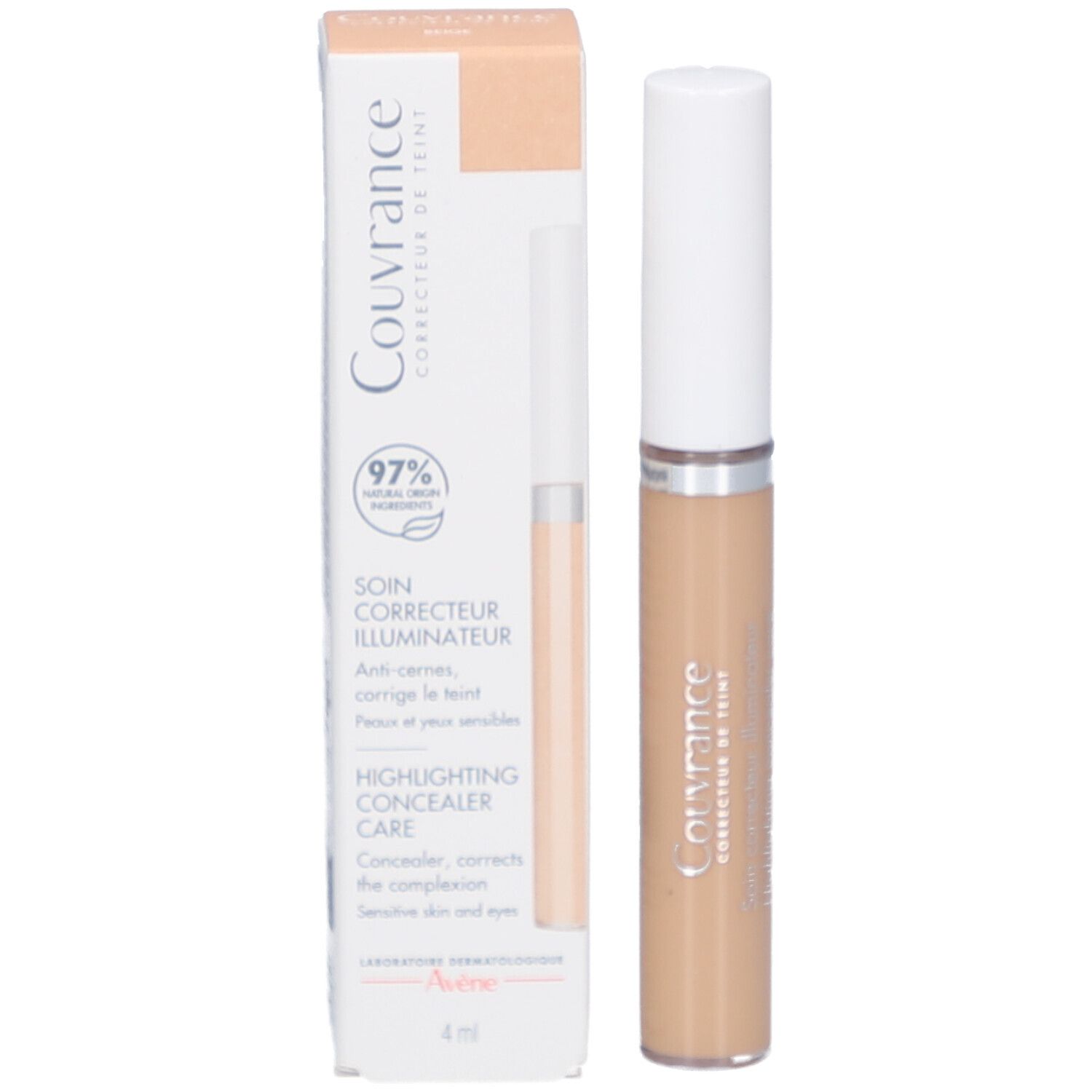Verpackung mit Concealer-Stift. Aufschrift Couvrance, 97% natürliche Inhaltsstoffe.