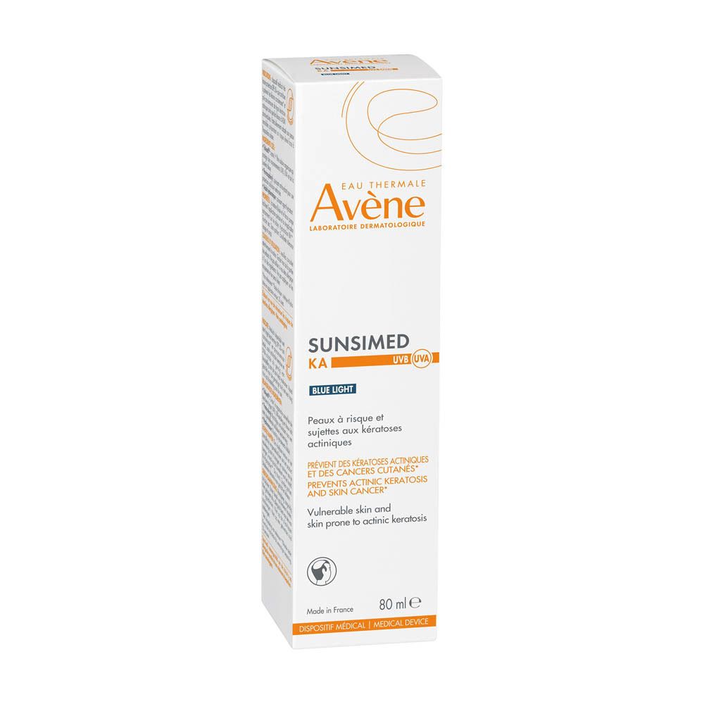 Boîte Avène Solaire Sunsimed KA SPF 50+ Blue Light. Texte et logo.
