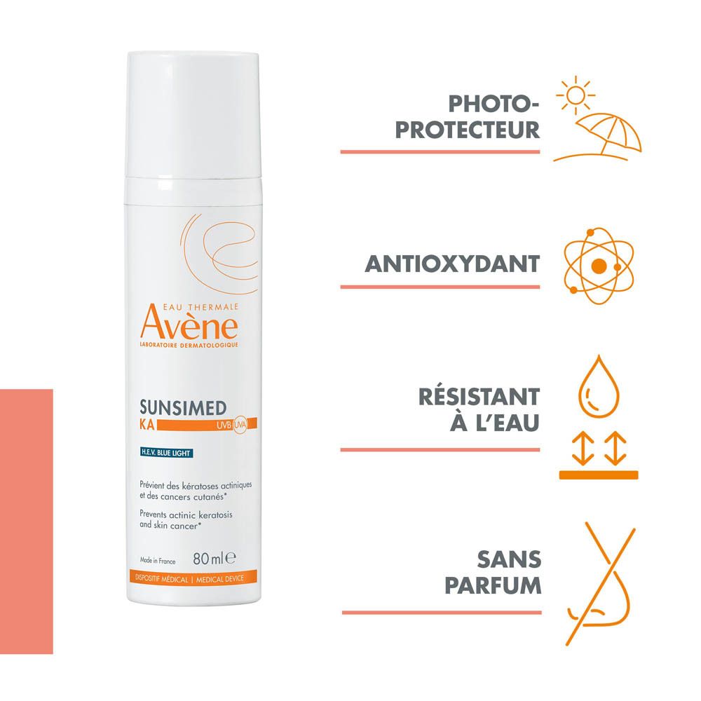 Flacon Avène Solaire Sunsimed KA SPF 50+ et texte. Diagramme avec symboles.