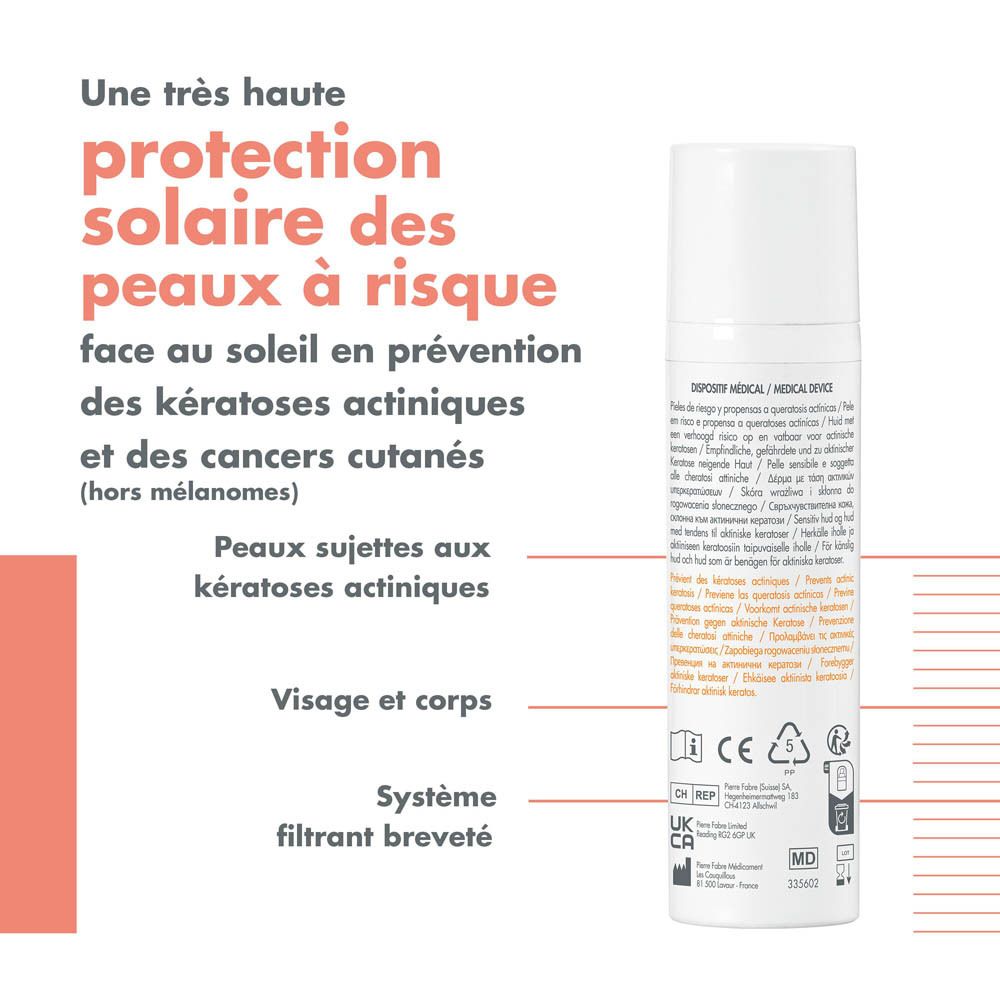 Dos du flacon Avène Solaire Sunsimed KA SPF 50+. Texte et symboles.