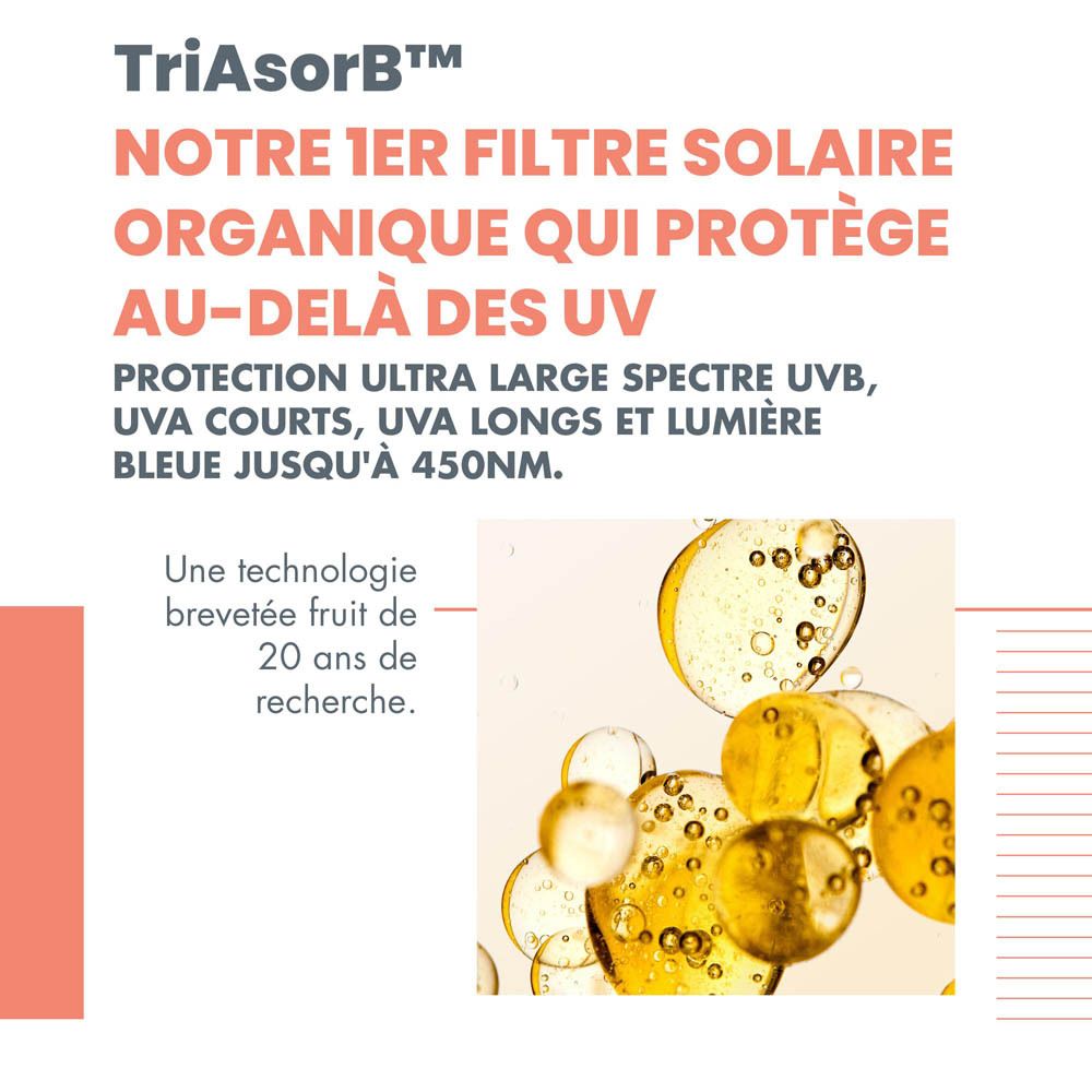 Diagramme avec symboles et texte. Flacon Avène Solaire Sunsimed KA SPF 50+.