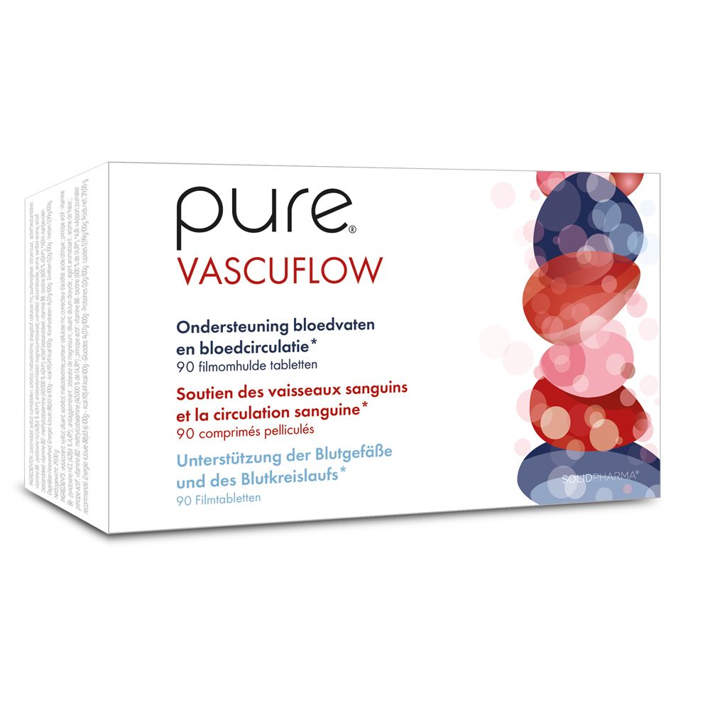 Boîte blanche avec logo « pure VASCUFLOW ». Texte en néerlandais, français et allemand. Illustration de cercles colorés.