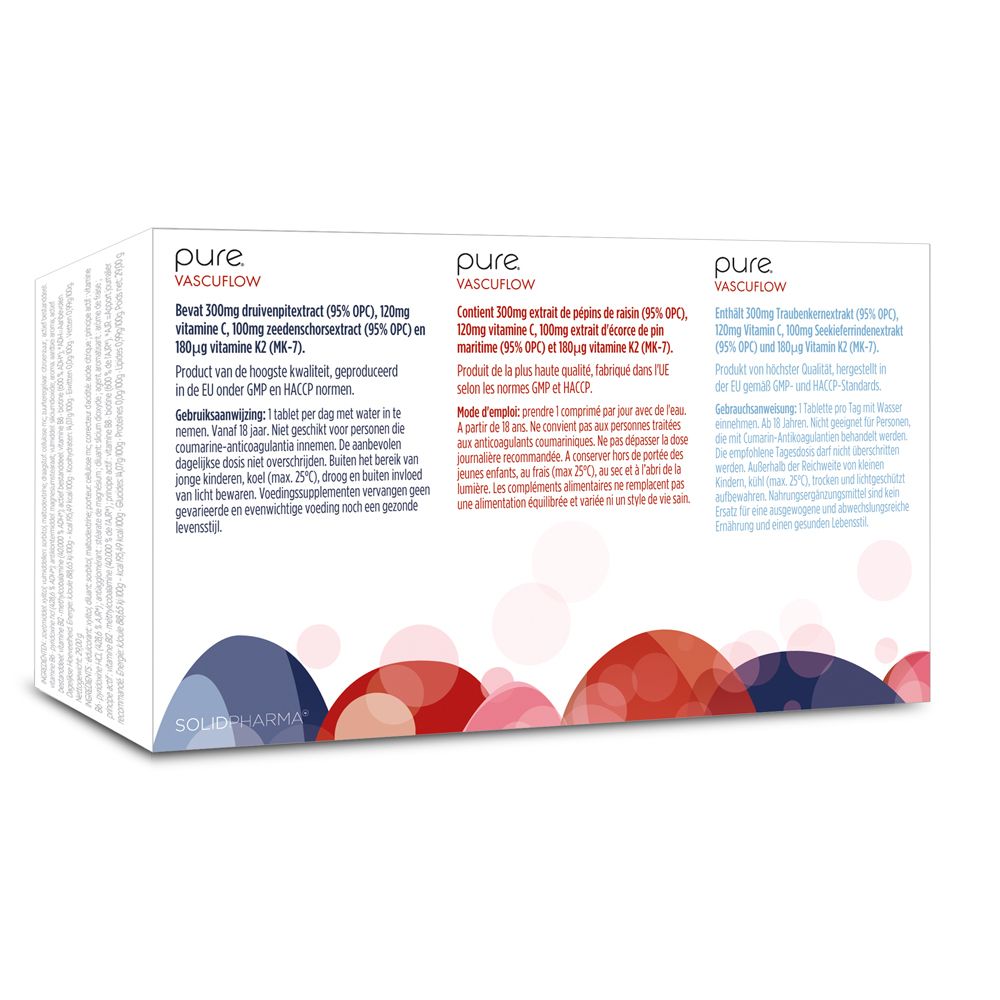 Dos de la boîte blanche avec texte en néerlandais, français et allemand. Illustration de cercles colorés.