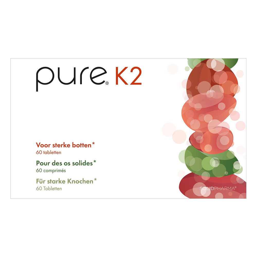 Deux emballages de produits avec flèches et texte. Forme naturelle de vitamine K2, préparation à haute dose.