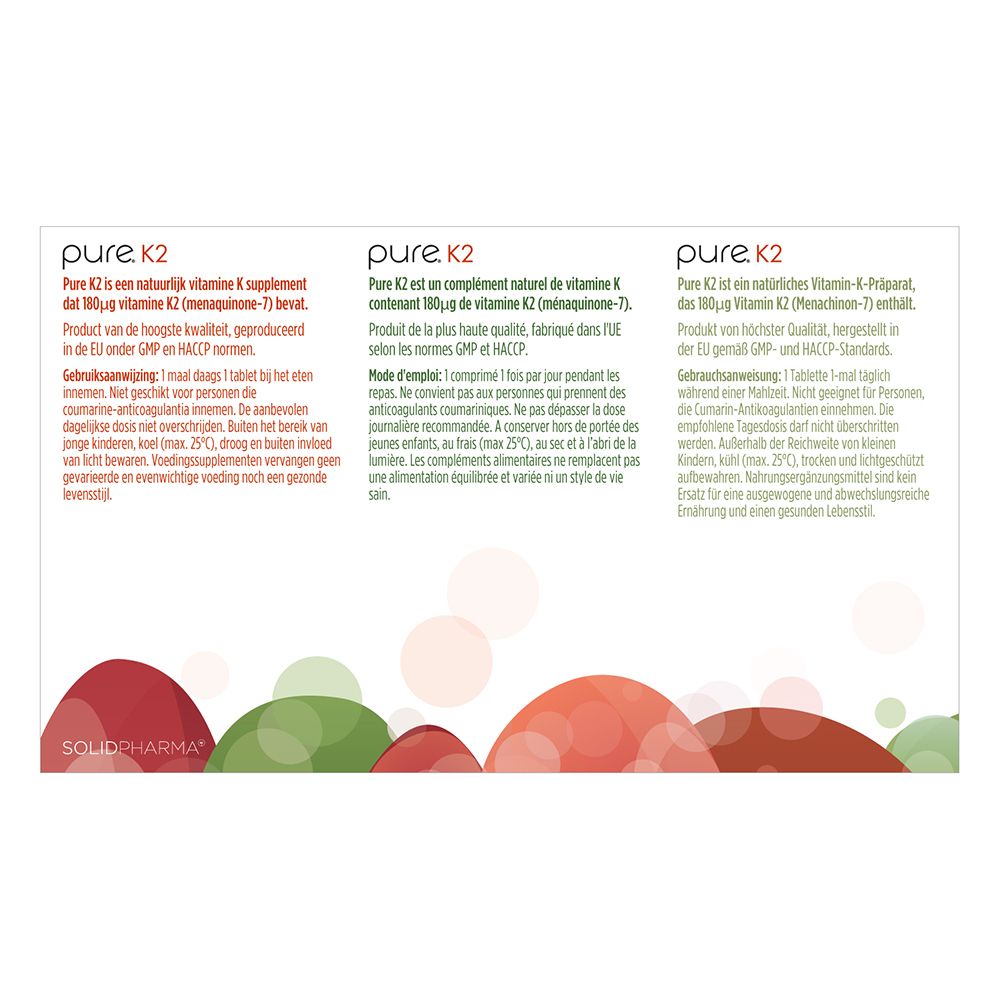 Emballage de produit avec comprimés en blister. Texte en plusieurs langues. Formes actives de vitamines.