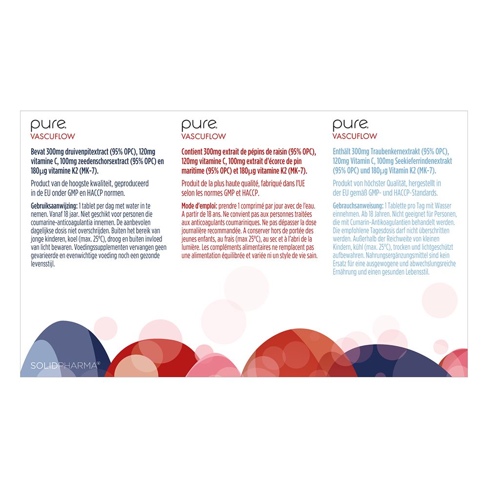 Dos de la boîte pure® Vascuflow. Contient 30 comprimés. Informations multilingues.