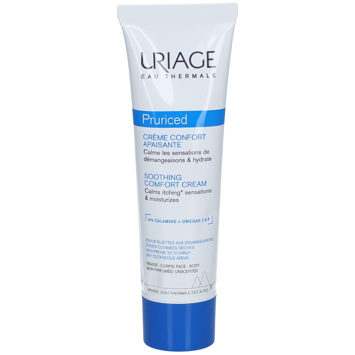 Uriage Pruriced Crème Confort Apaisante Tube. Weiß, blau. Text mit Produktinformationen.