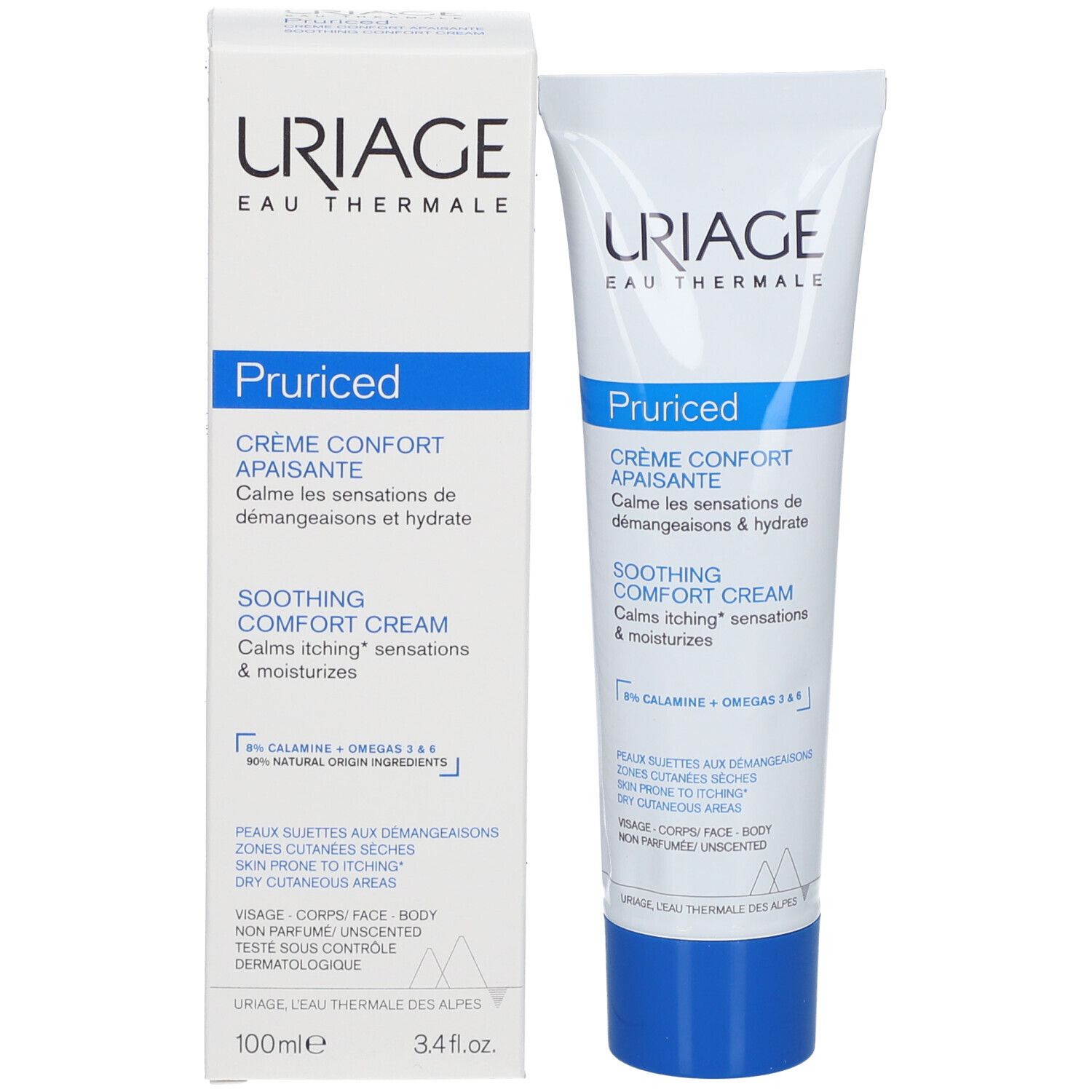 Uriage Pruriced Crème Confort Apaisante und Verpackung. Weiß, blau. Text.