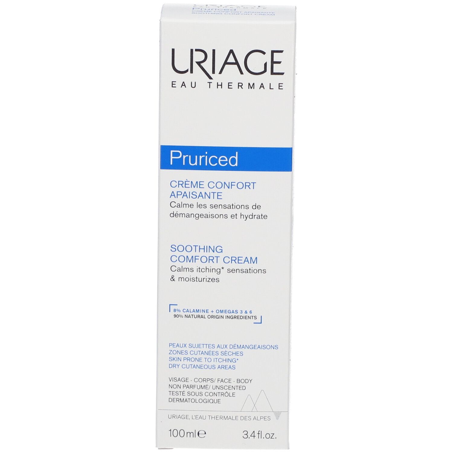 Uriage Pruriced Crème Confort Apaisante Verpackung. Weiß, blau. Text.