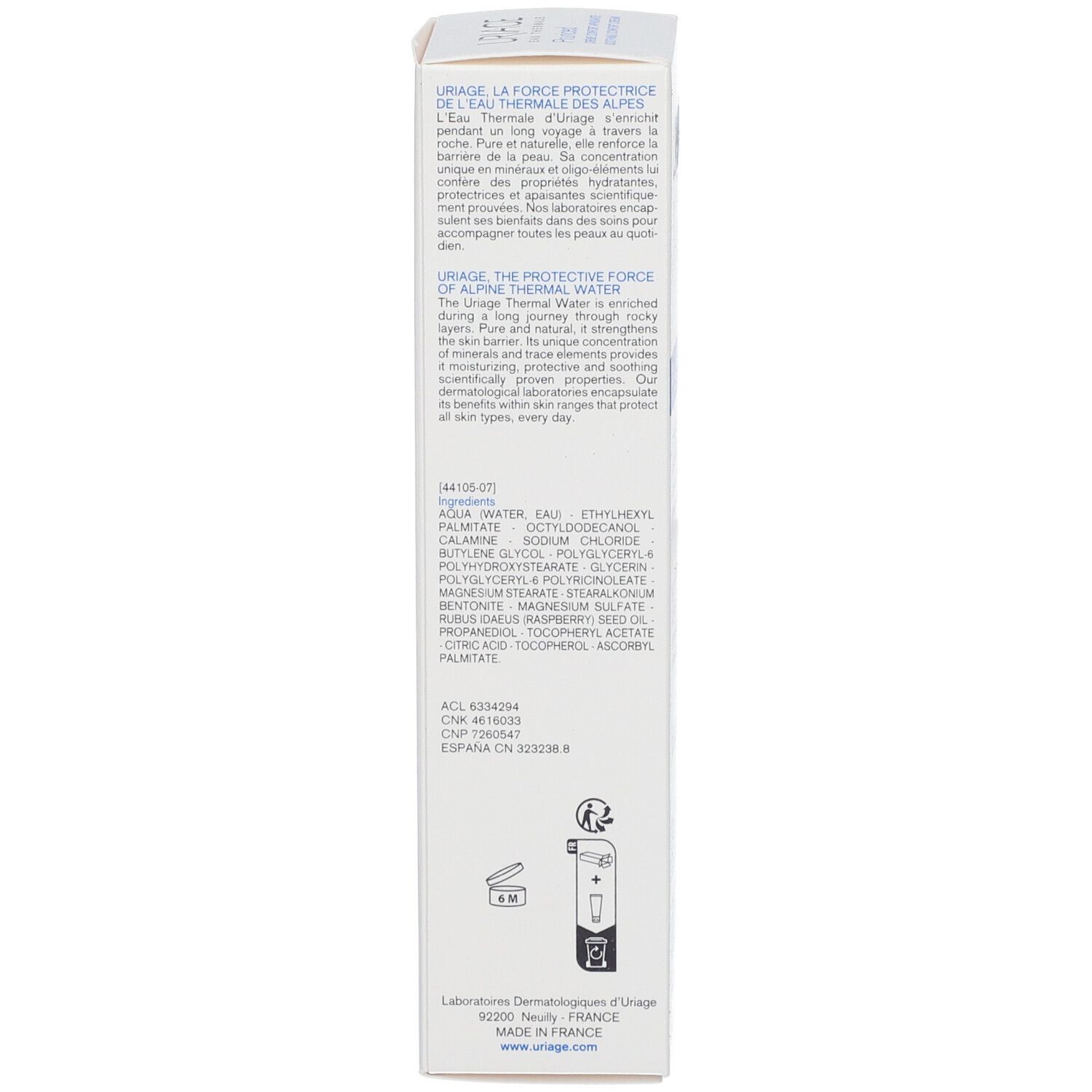 Uriage Verpackung. Text über Uriage Thermalwasser und Inhaltsstoffe.