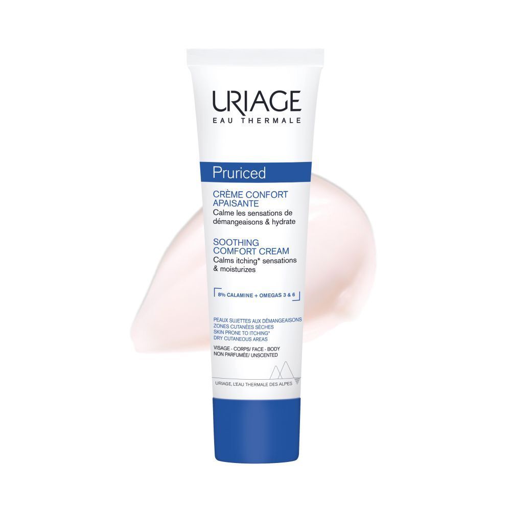 Tube Uriage Pruriced Crème Confort Apaisante avec étalement de crème.