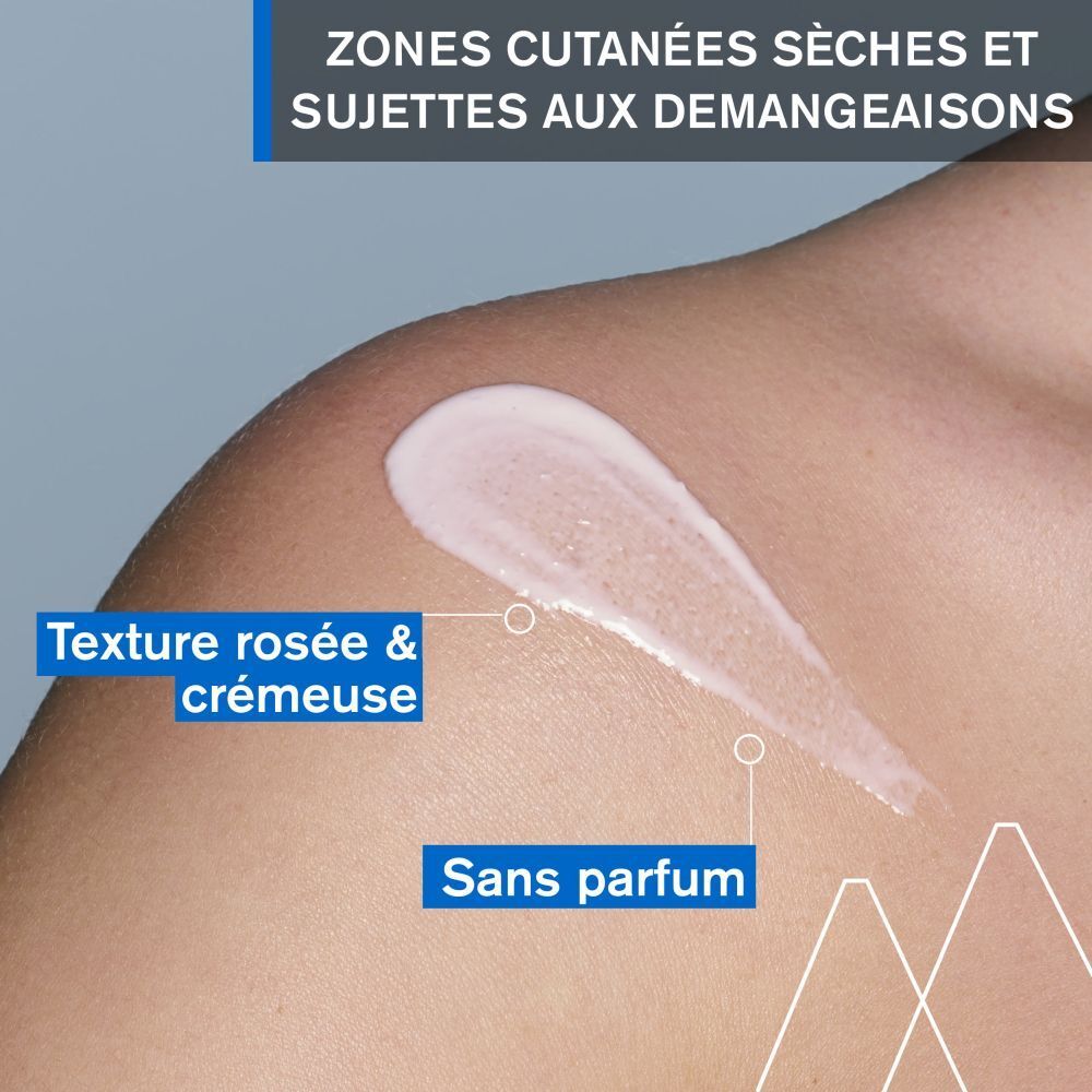 Peau avec étalement de crème. Texte : peau sèche, zones qui démangent, sans parfum.
