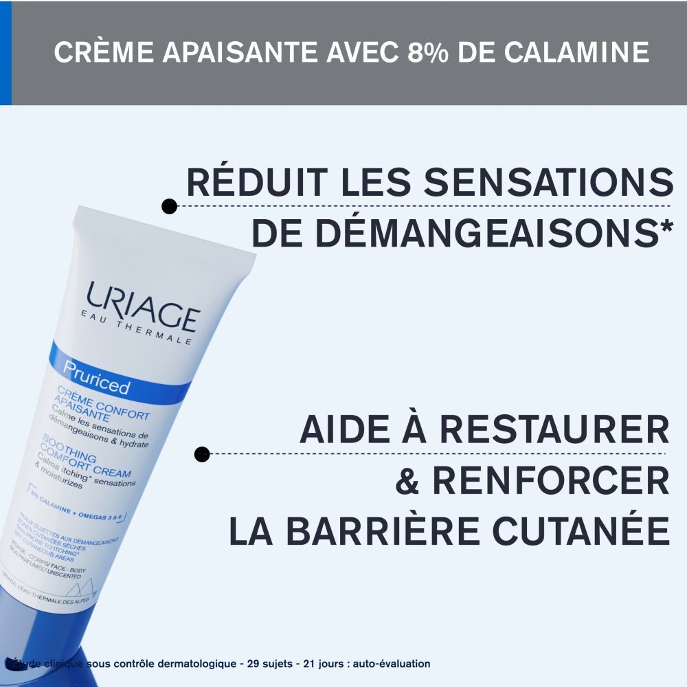 Texte et tube Uriage Pruriced Crème Confort Apaisante. Réduit les démangeaisons.