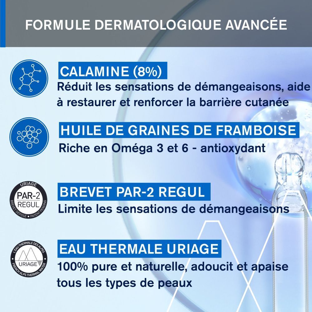 Ingrédients et texte. Calamine, huile de graines de framboise, eau thermale Uriage.