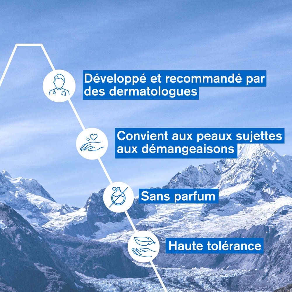 Texte et symboles. Recommandé par les dermatologues, pour peau qui démange, sans parfum.