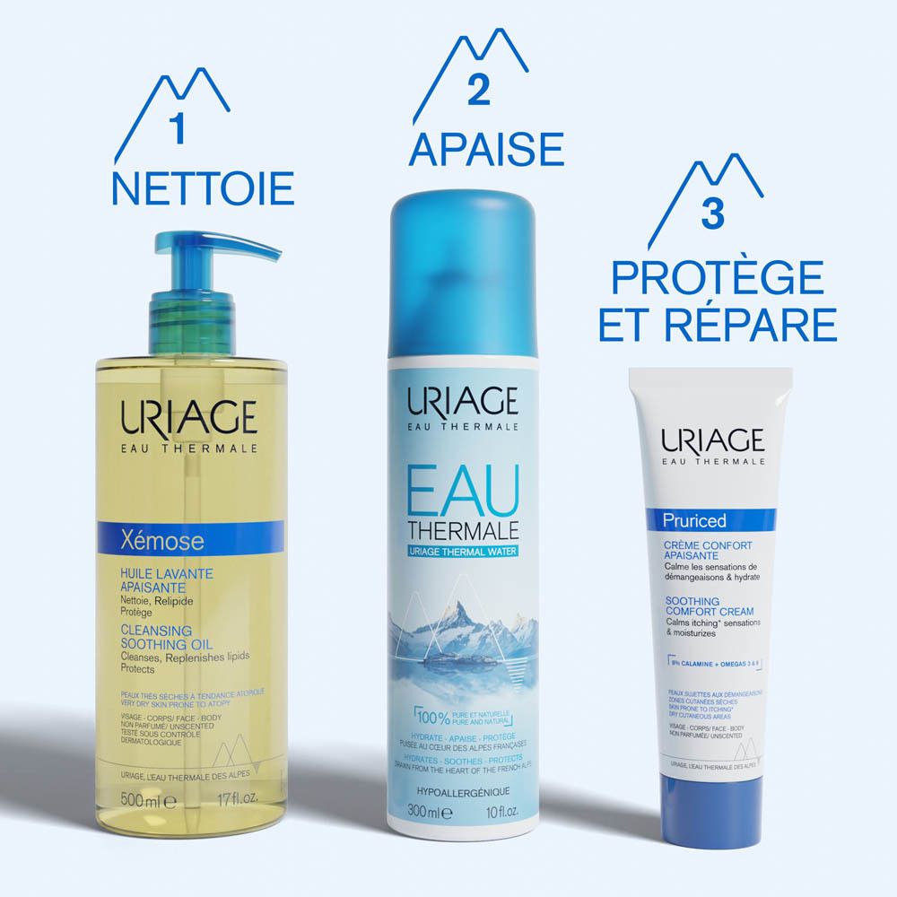 Trois produits Uriage. Nettoie, apaise, protège et répare.