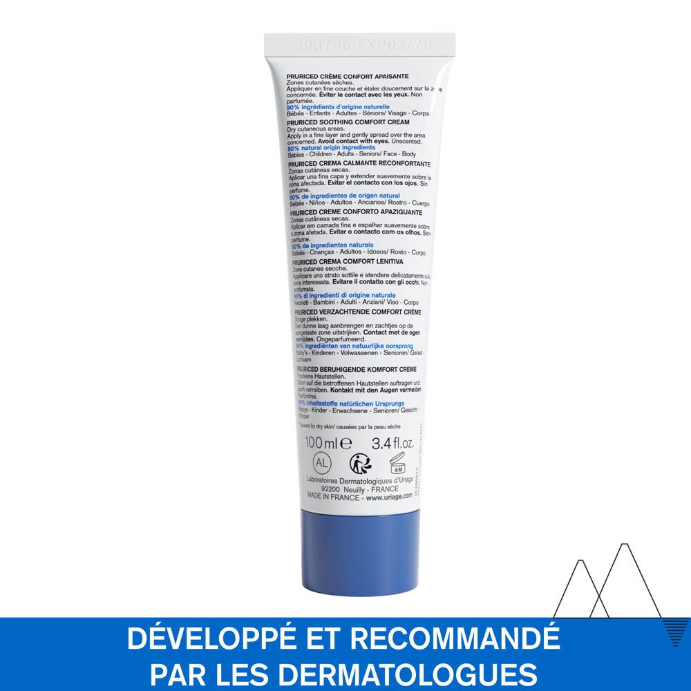 Dos du tube Uriage Pruriced Crème Confort Apaisante. Texte.