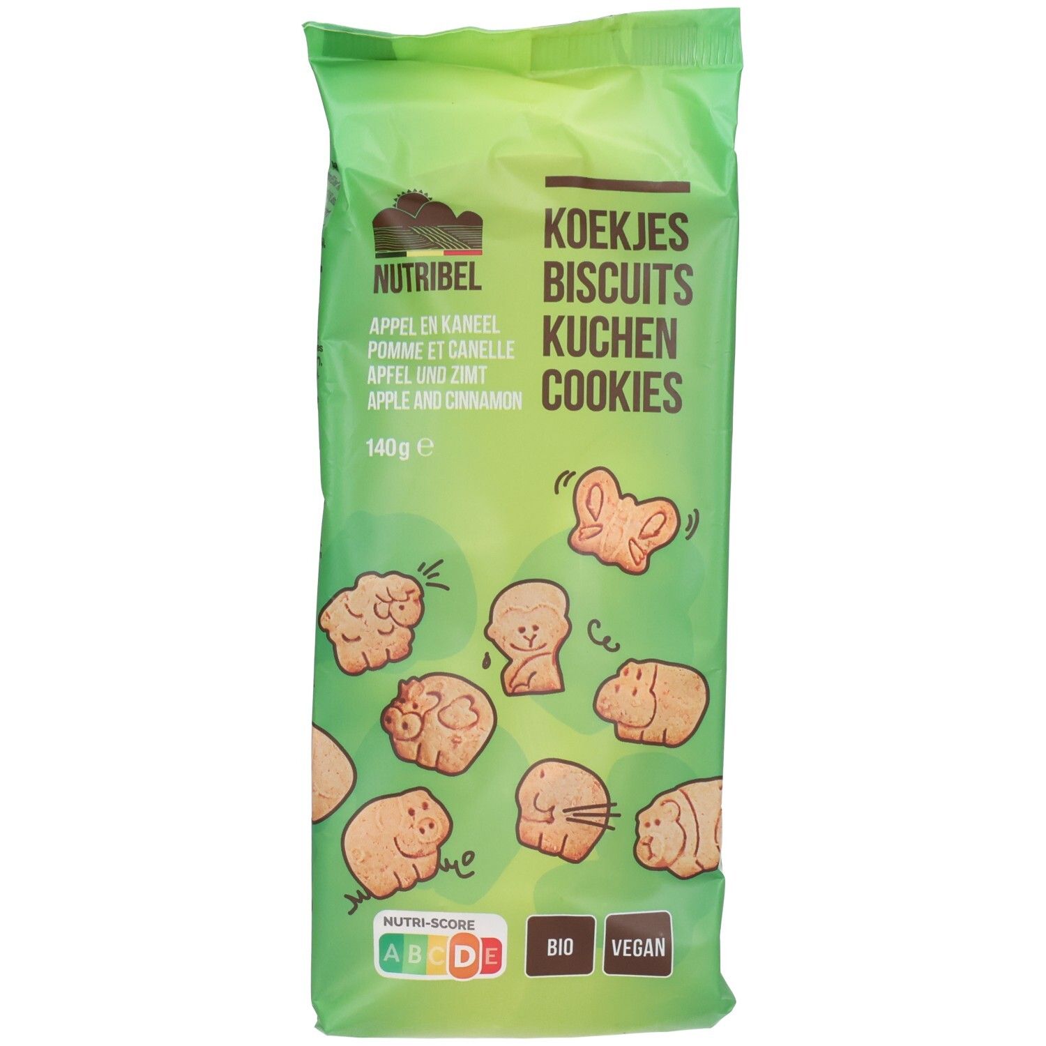 Grüne Verpackung mit Keksen. Aufschrift: Koekjes, Appel Kaneel, 140g. Bio, Vegan. Verschiedene Tierformen.
