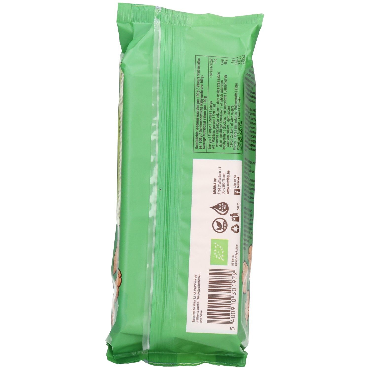 Rückseite der grünen Verpackung. Enthält Text, Barcode und Bio-Siegel.