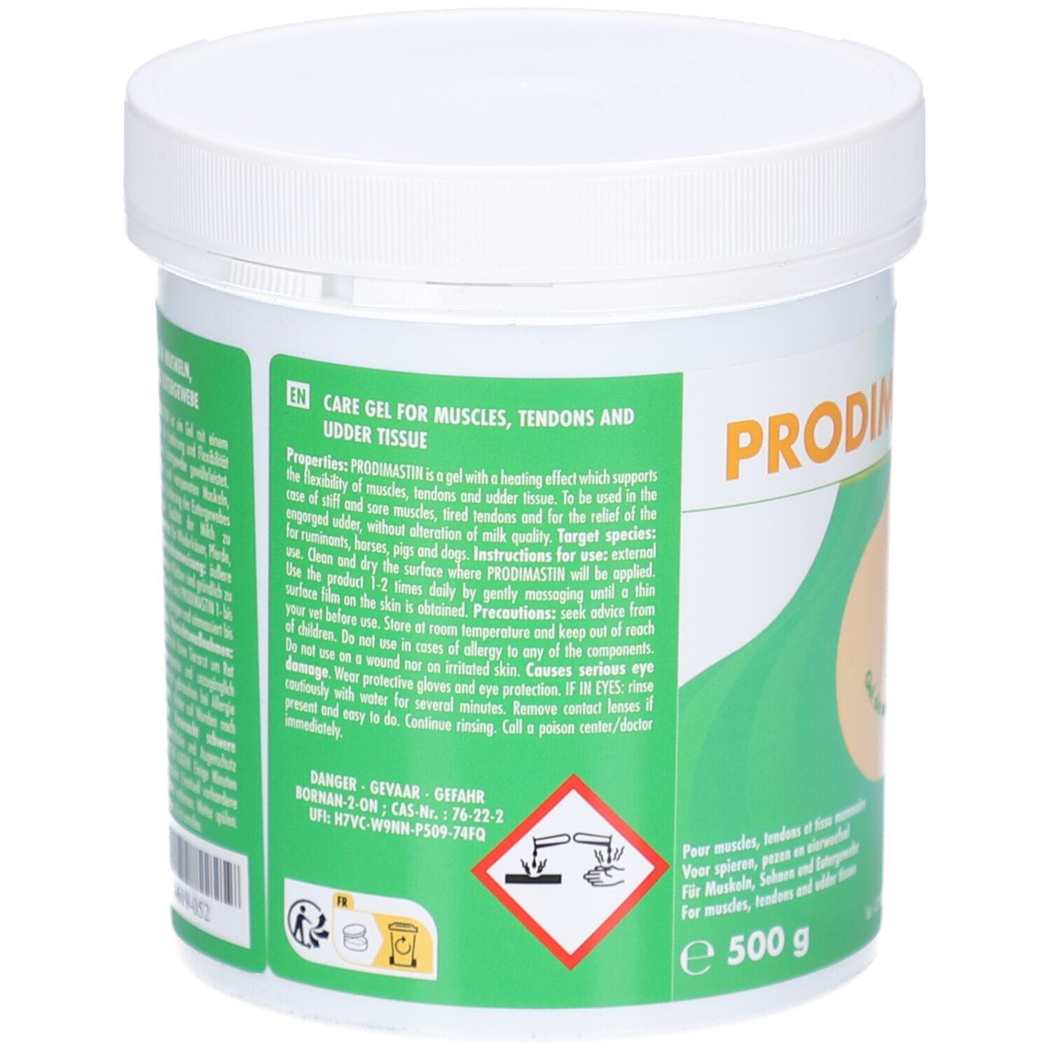 Rückseite des weißen Tiegels mit grünem Etikett. Text: Care Gel for muscles, tendons and udder tissue. 500 g.