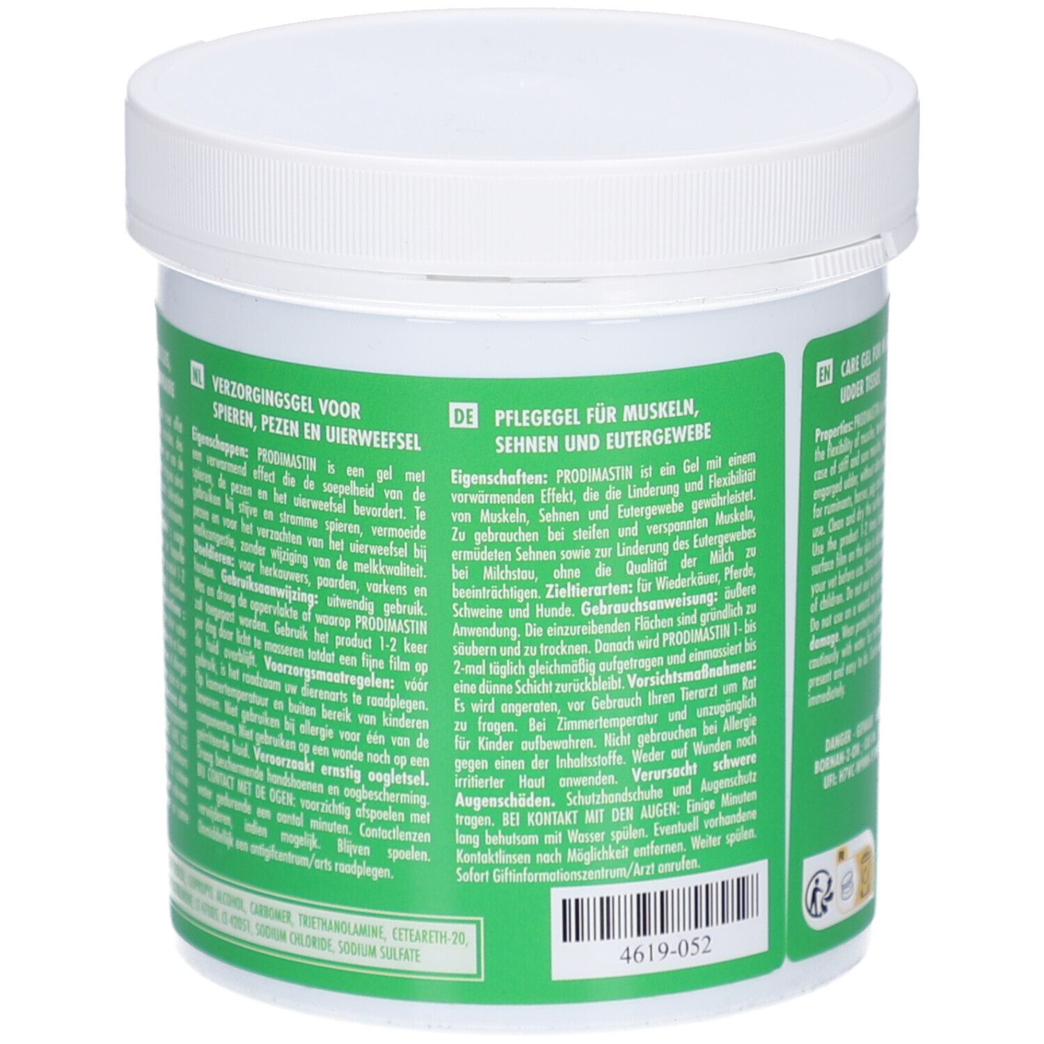 Rückseite des weißen Tiegels mit grünem Etikett. Text in Deutsch und Niederländisch. 4619-052.
