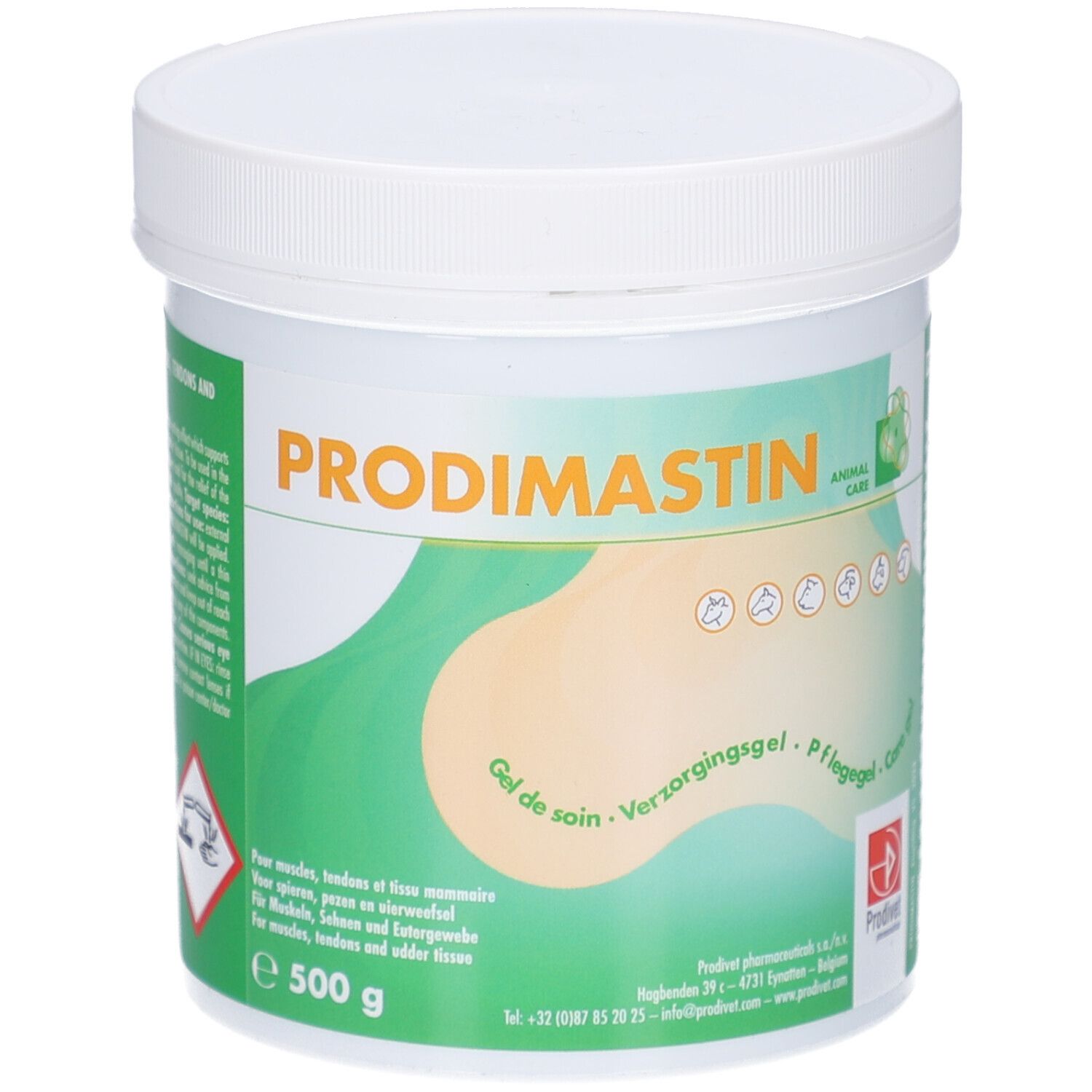 Weißer Tiegel mit grün-weißem Etikett. Aufschrift PRODIMASTIN. Gel de soin, Verzorgingsgel, Pflegegel. 500 g.