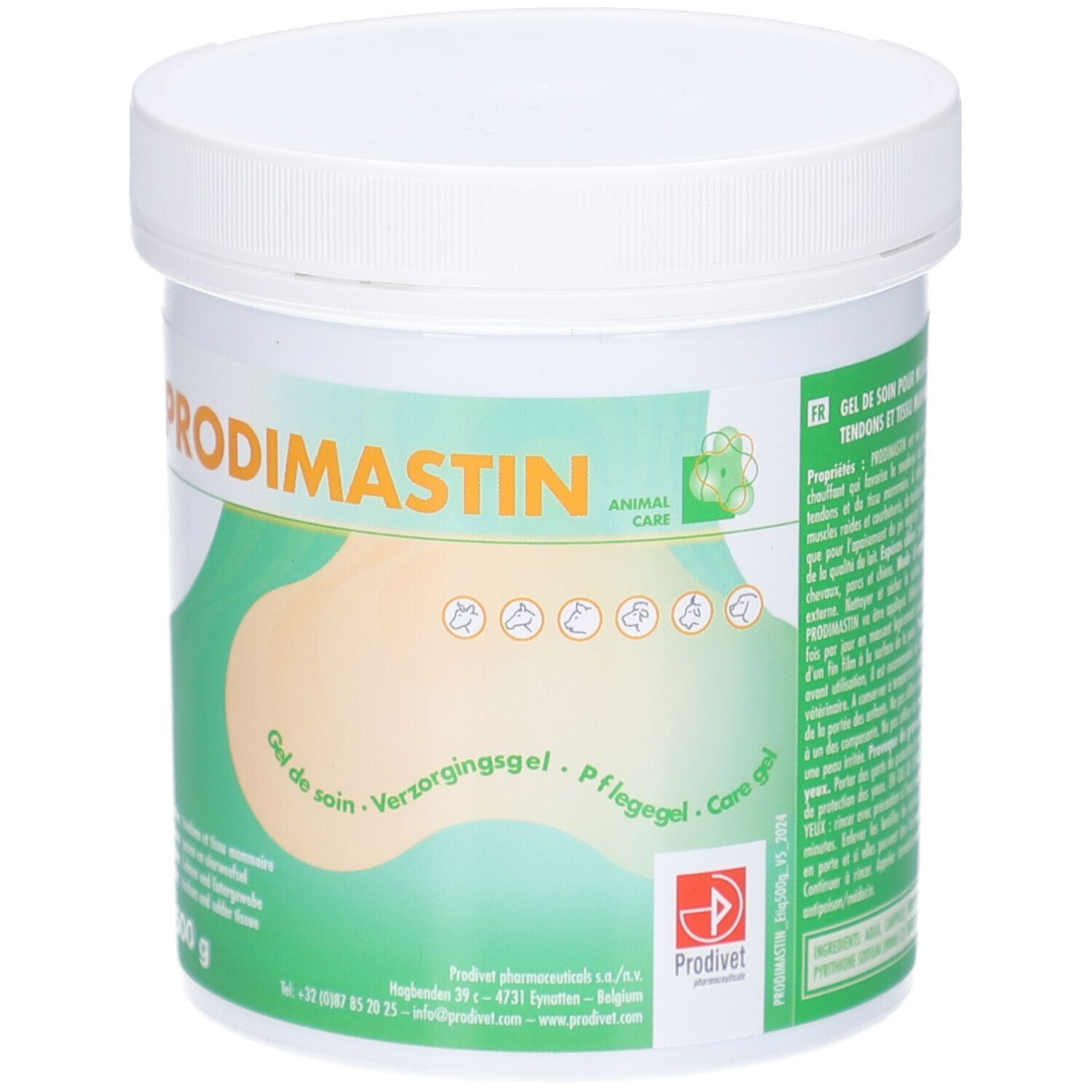 Weißer Tiegel mit grün-weißem Etikett. Aufschrift PRODIMASTIN. Gel de soin, Verzorgingsgel, Pflegegel. 500 g.