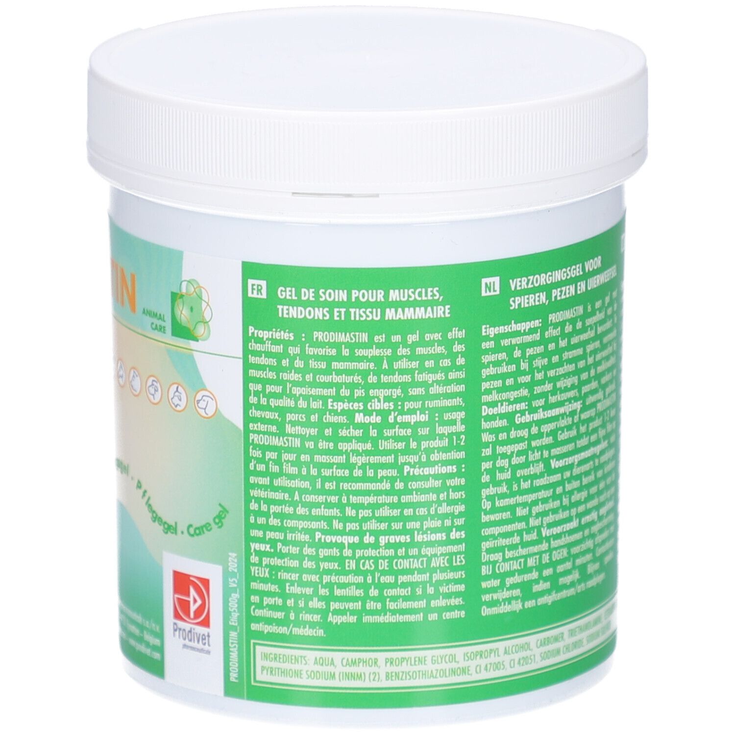 Rückseite des weißen Tiegels mit grünem Etikett. Text in Französisch und Niederländisch. Inhaltsstoffe.