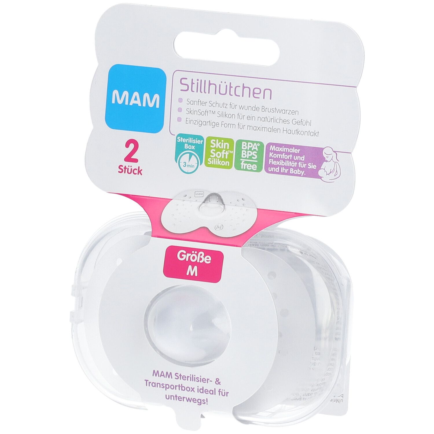 Verpackung mit zwei Stillhütchen Größe M. Marke MAM. Transparente Box. Rosa Akzente. Sterilisierbox.