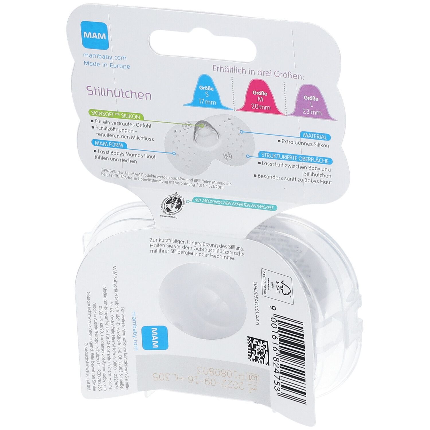 Rückseite der Verpackung mit Stillhütchen. Größen S, M, L. Informationen zu Material und Eigenschaften. Marke MAM.