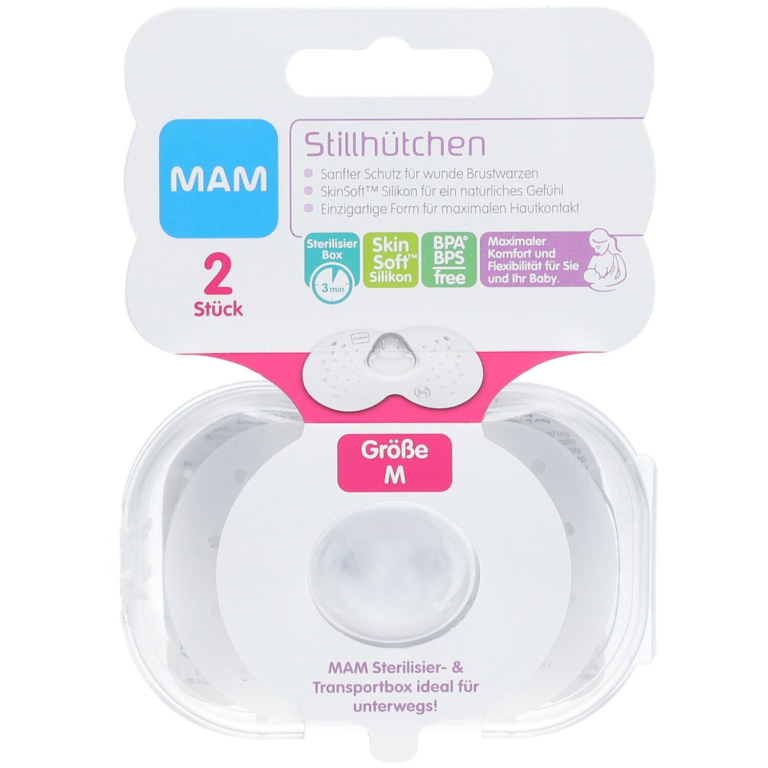 Verpackung mit zwei Stillhütchen Größe M. Marke MAM. Transparente Box. Rosa Akzente. Sterilisierbox.