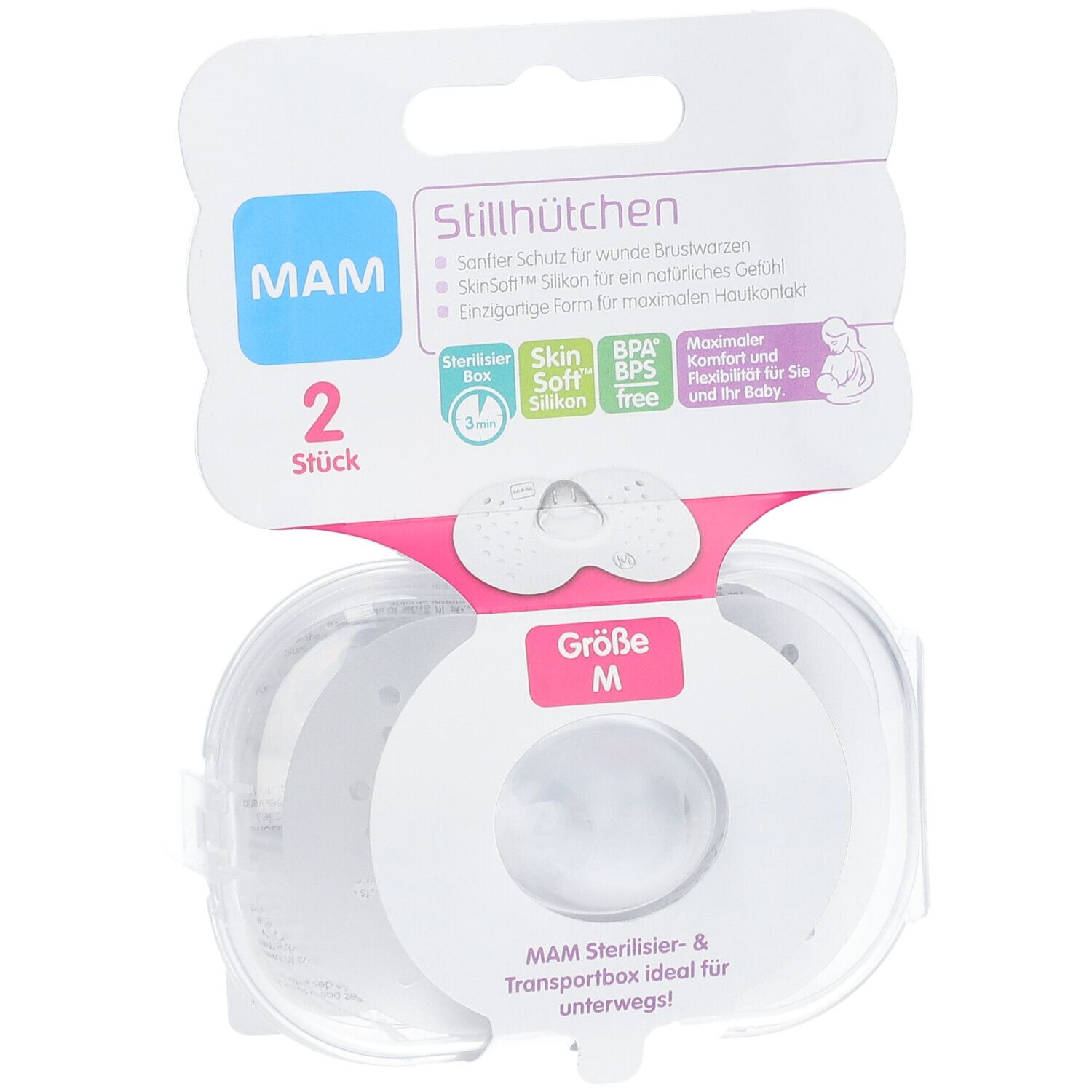 Verpackung mit zwei Stillhütchen Größe M. Marke MAM. Transparente Box. Rosa Akzente. Sterilisierbox.
