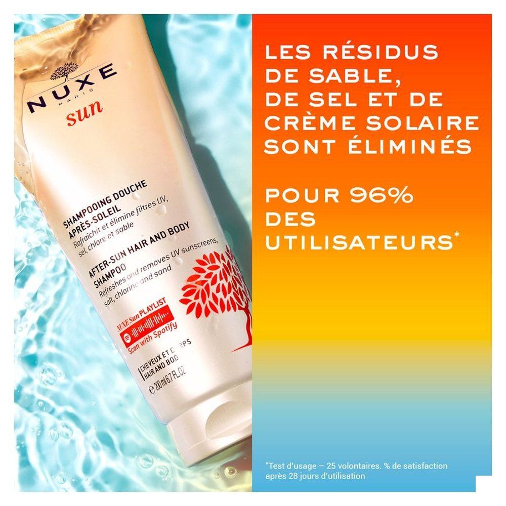 Flacon de Shampooing Après-Soleil Nuxe avec texte sur les résidus de sable, sel et crème solaire.