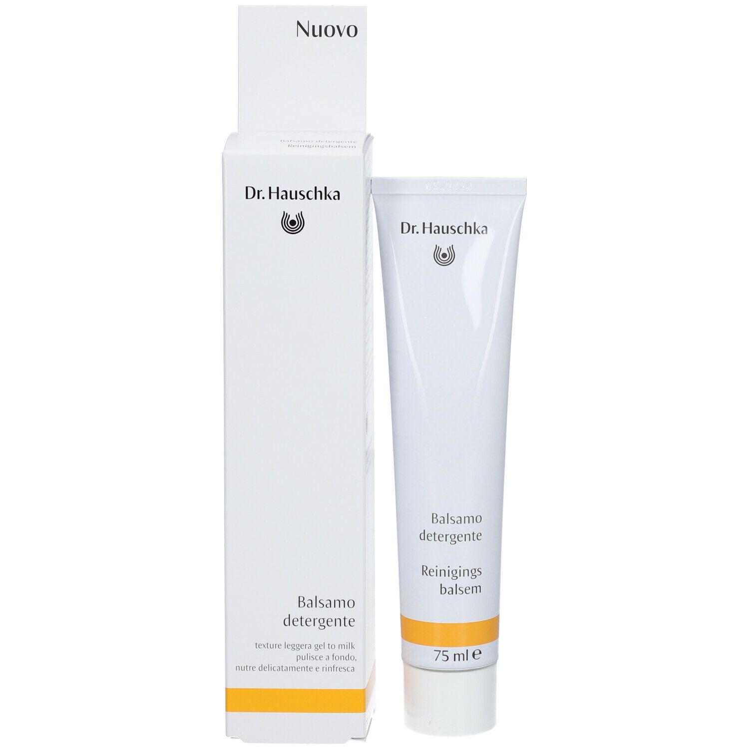 Emballage blanc avec tube. Inscription: Dr. Hauschka, Balsamo detergente, Reinigingsbalsem. 'Nuovo' en haut.