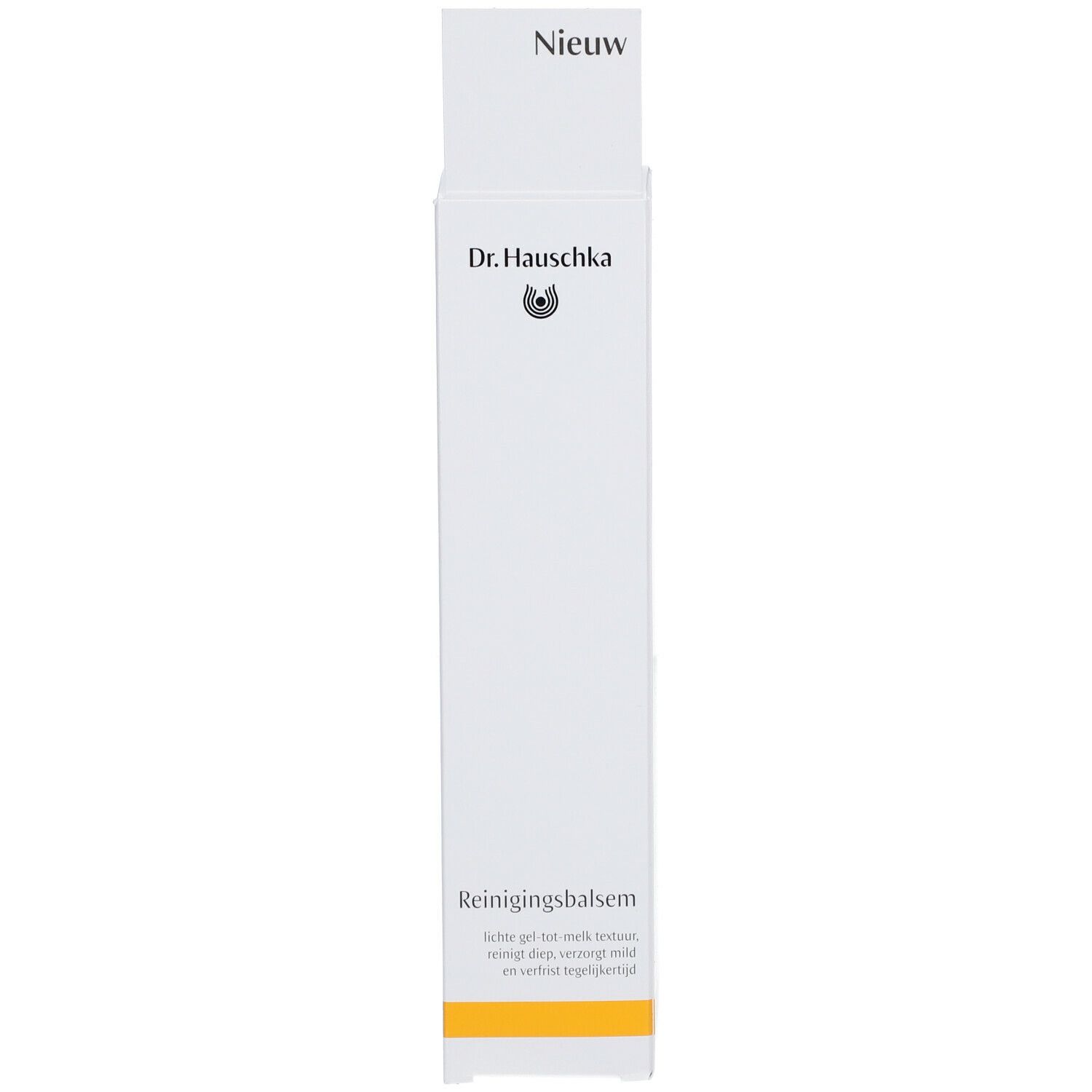 Emballage blanc. Inscription: Dr. Hauschka, Reinigingsbalsem. 'Nieuw' en haut. Bande jaune en bas.