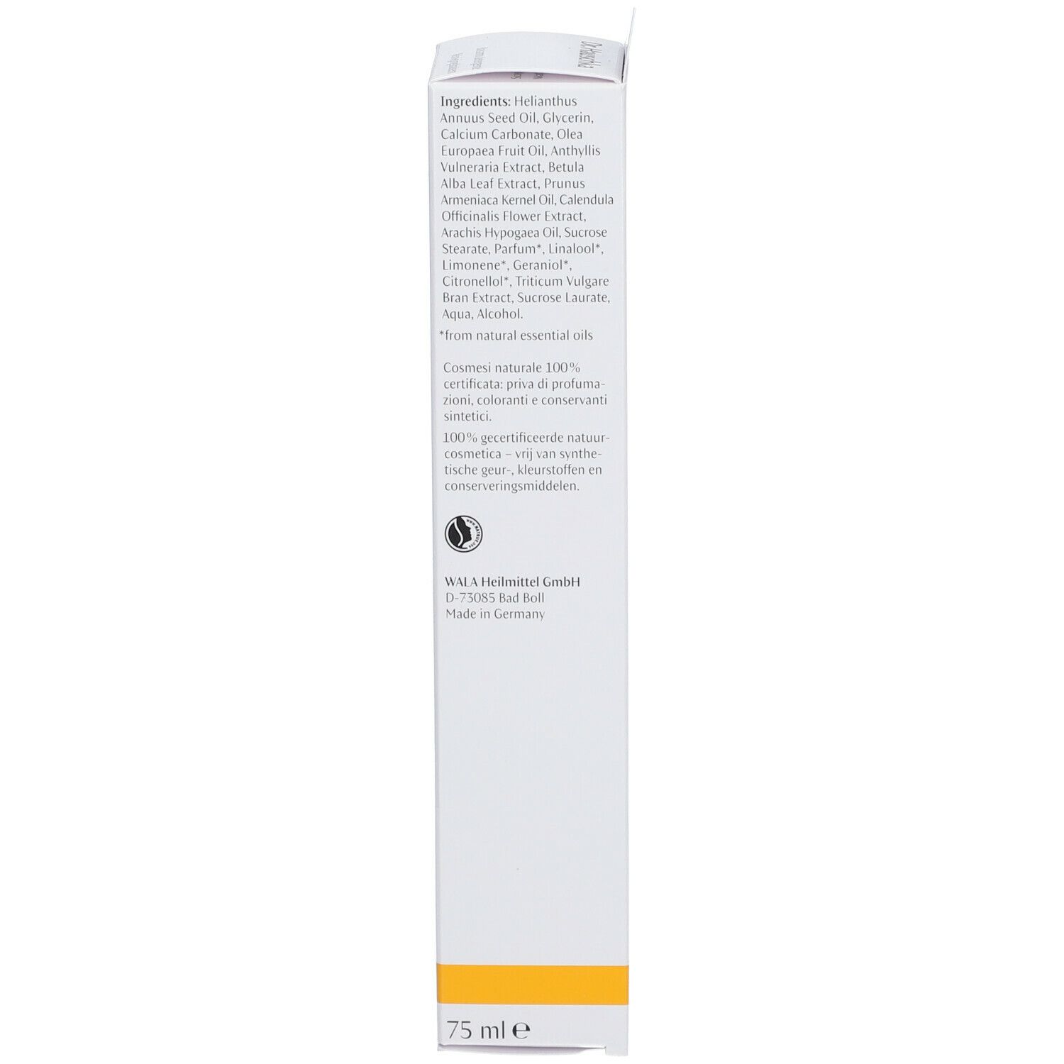 Côté de l'emballage blanc. Liste des ingrédients. Bande jaune en bas. 75 ml.