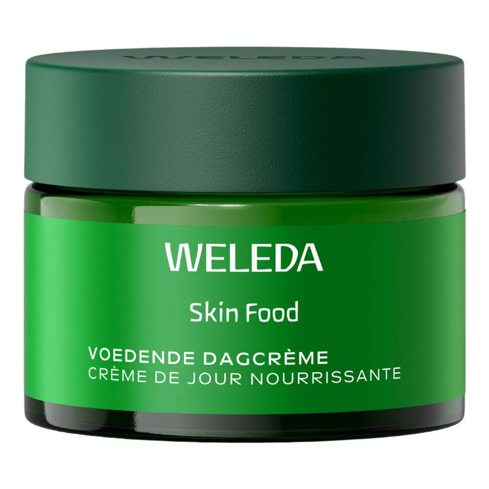 Weleda Skin Food Crème de Jour Nourrissante dans un pot en verre vert.