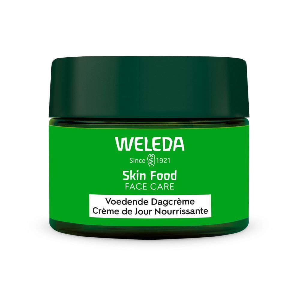 Grünes Tiegel mit Deckel. Aufschrift: WELEDA Skin Food FACE CARE. Text in Niederländisch und Französisch.