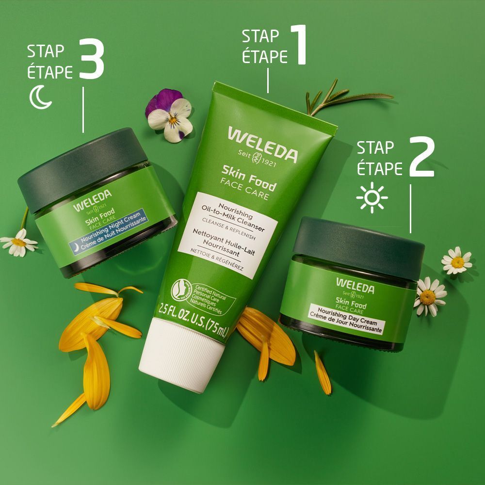 Drei Produkte auf grünem Hintergrund. WELEDA Skin Food. Eine Tube und zwei Tiegel. Blumen.