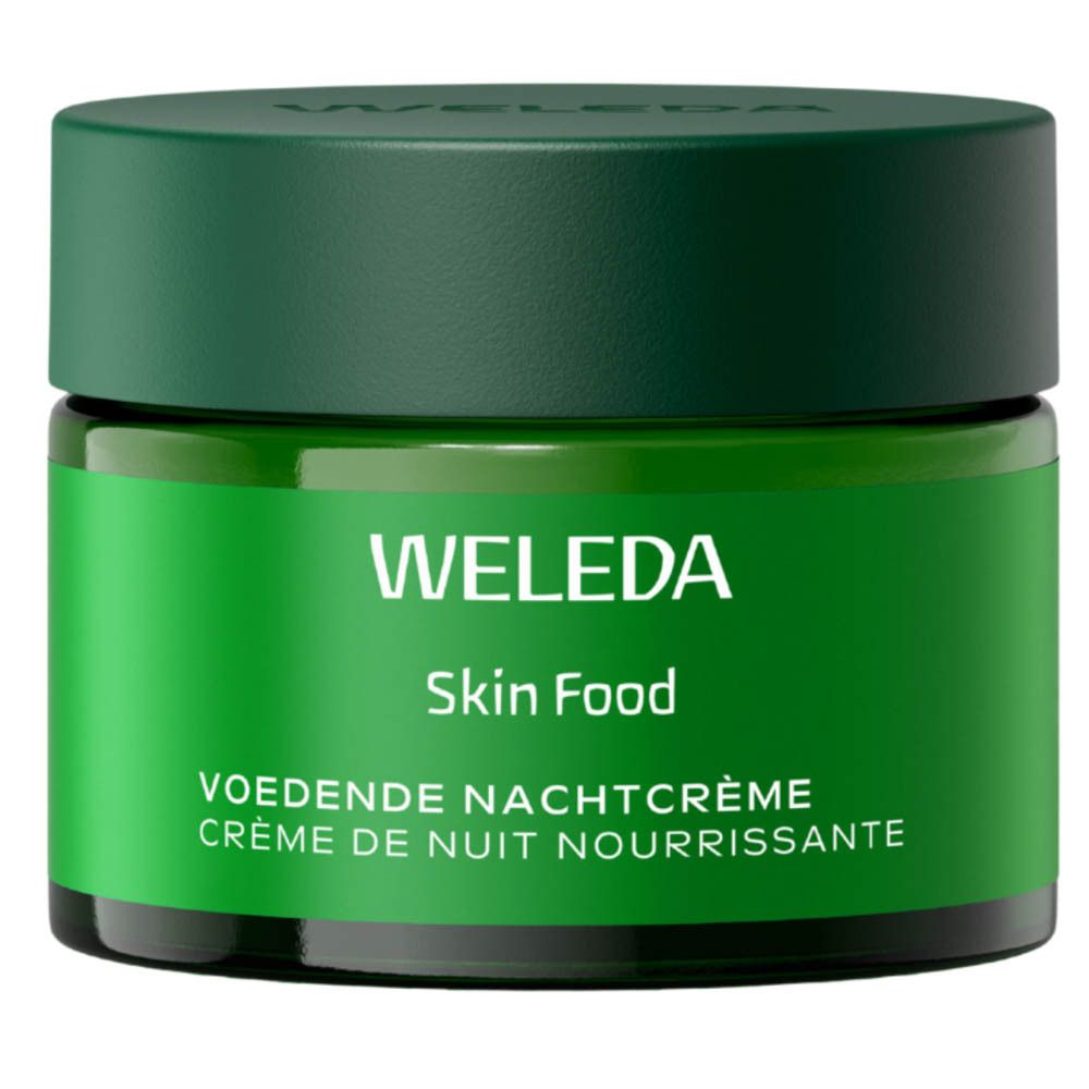 Weleda Skin Food Crème de Nuit Nourrissante dans un pot en verre vert avec un couvercle foncé.