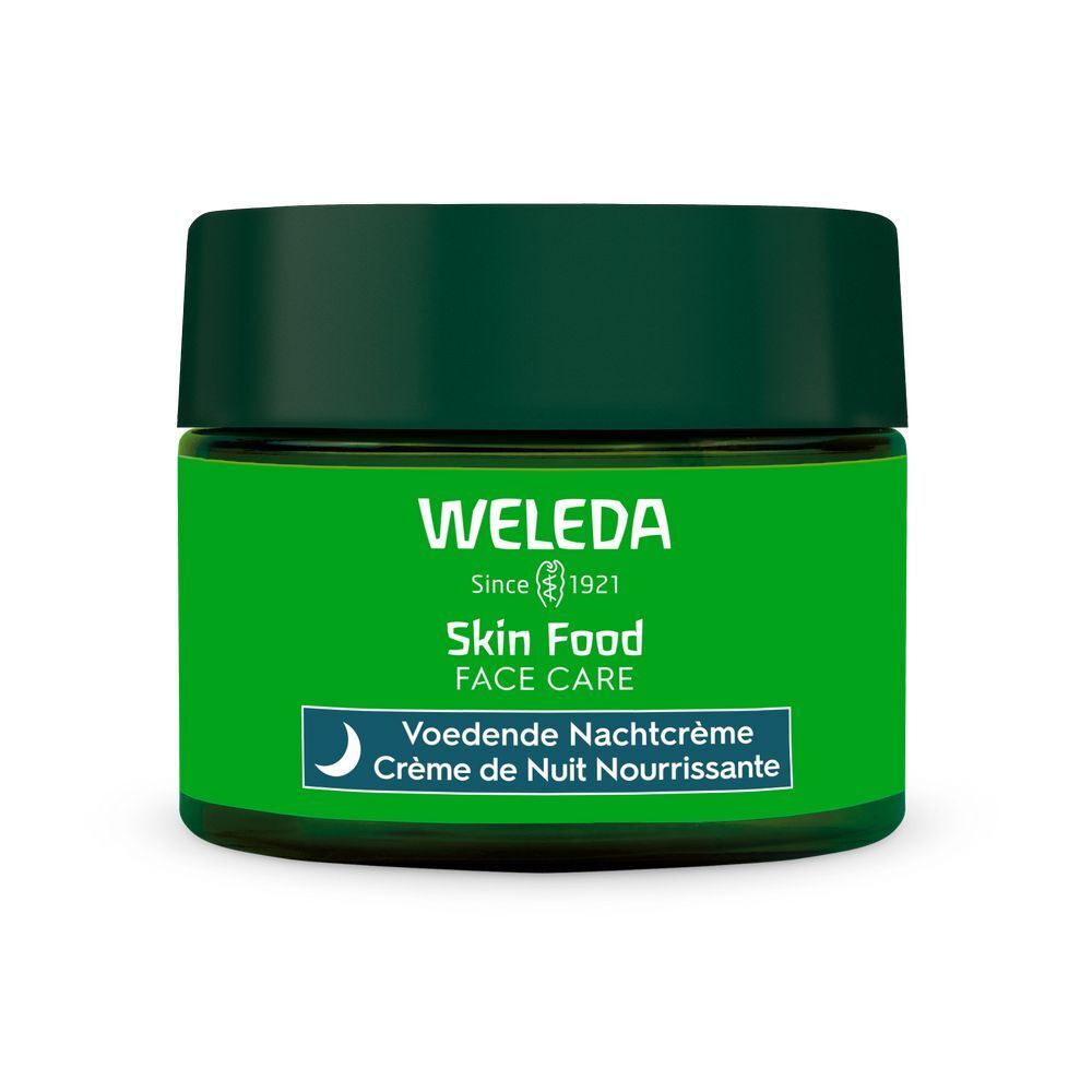 Pot vert avec couvercle. Inscription: WELEDA, Skin Food, Face Care, Voedende Nachtcrème, Crème de Nuit Nourrissante.