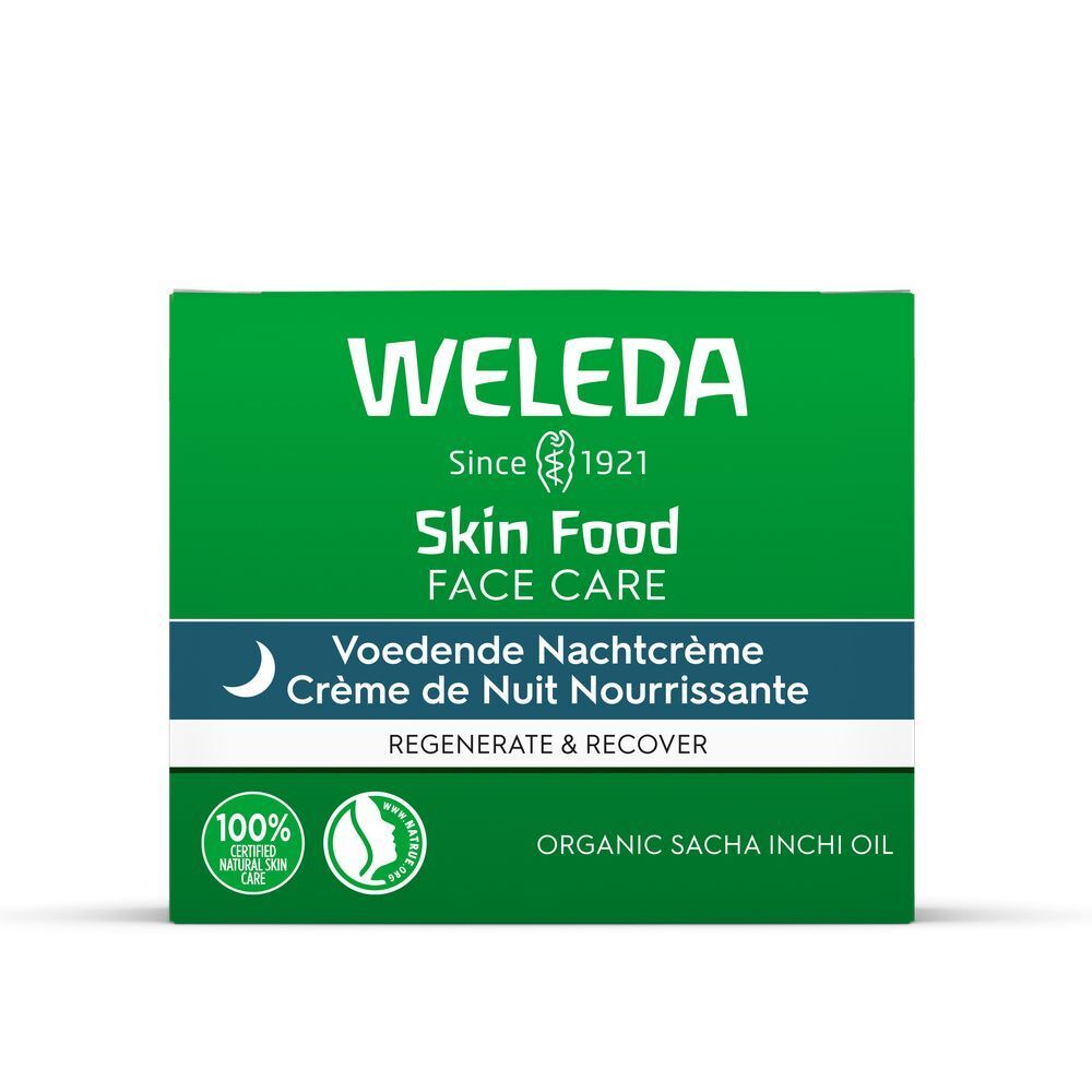 Emballage vert avec inscription: WELEDA, Skin Food, Face Care, Voedende Nachtcrème, Crème de Nuit Nourrissante, Regenerate & Recover.