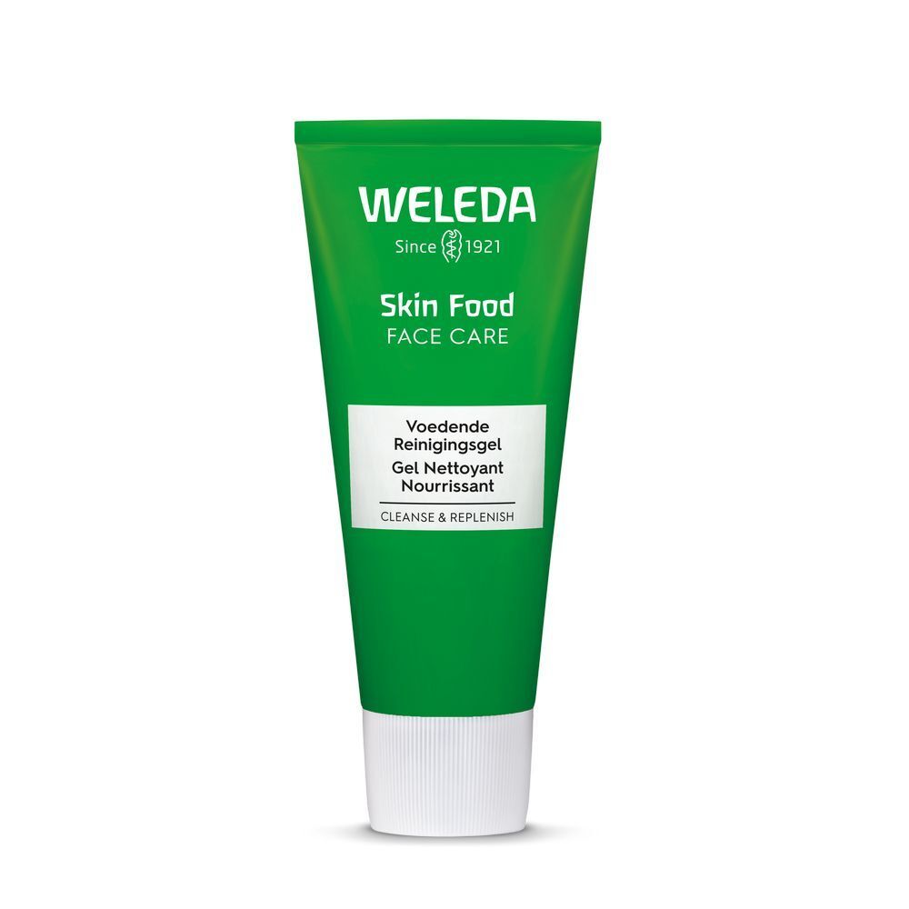 Tube vert avec bouchon blanc. Inscription : WELEDA, Skin Food, Face Care, Gel Nettoyant. Certifications.