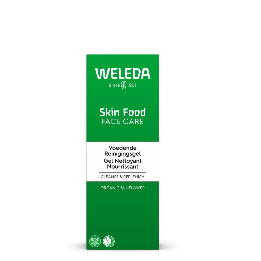 Emballage vert avec texte blanc. Inscription : WELEDA, Skin Food, Face Care, Gel Nettoyant. Certifications.